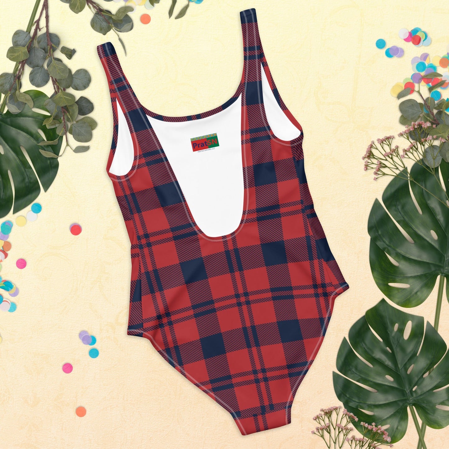 Women's One - Piece Swimsuit, Red and Blue Plaid, swimsuit, vacation swimwear, holiday travel swimwear, mothers day gift - PratSN