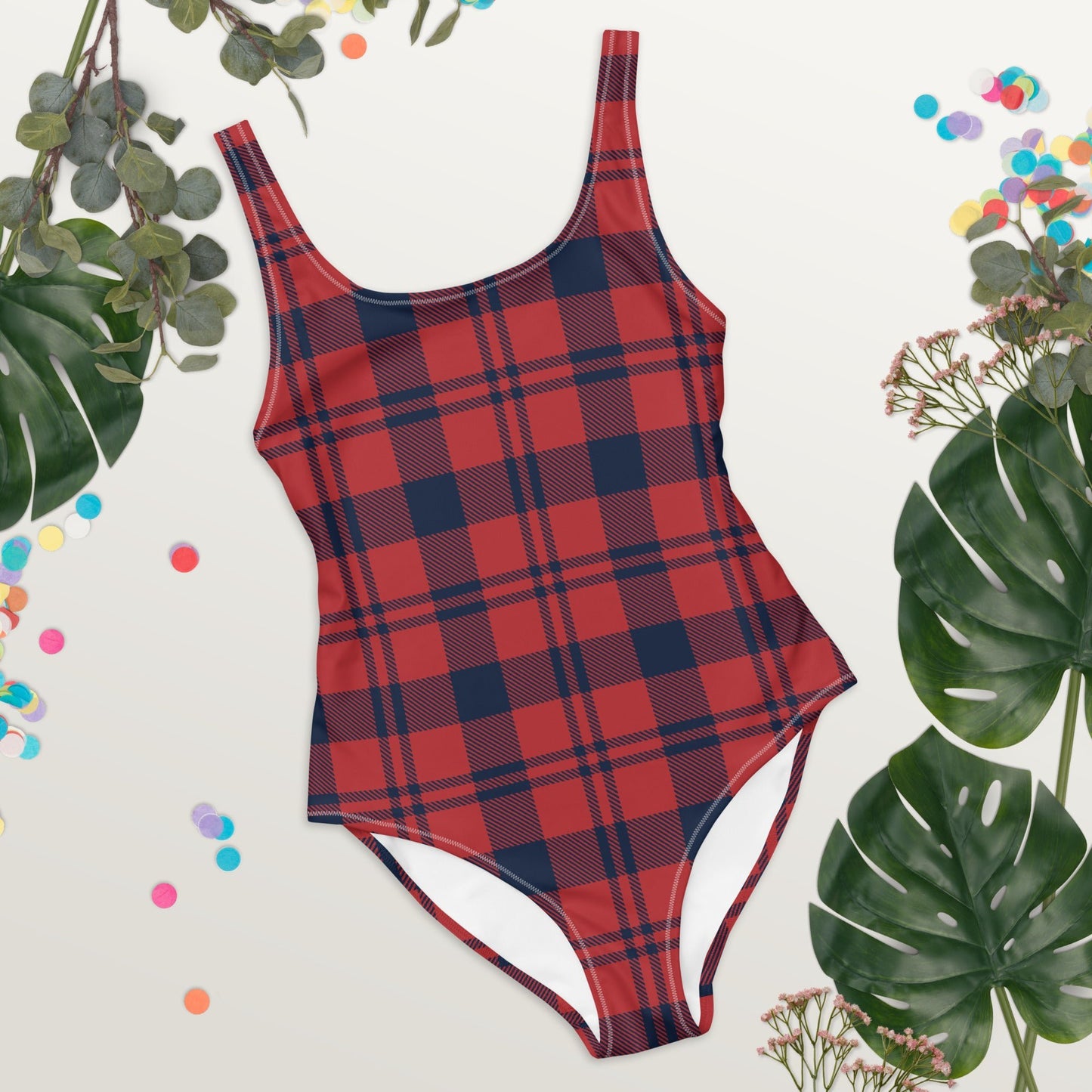 Women's One - Piece Swimsuit, Red and Blue Plaid, swimsuit, vacation swimwear, holiday travel swimwear, mothers day gift - PratSN