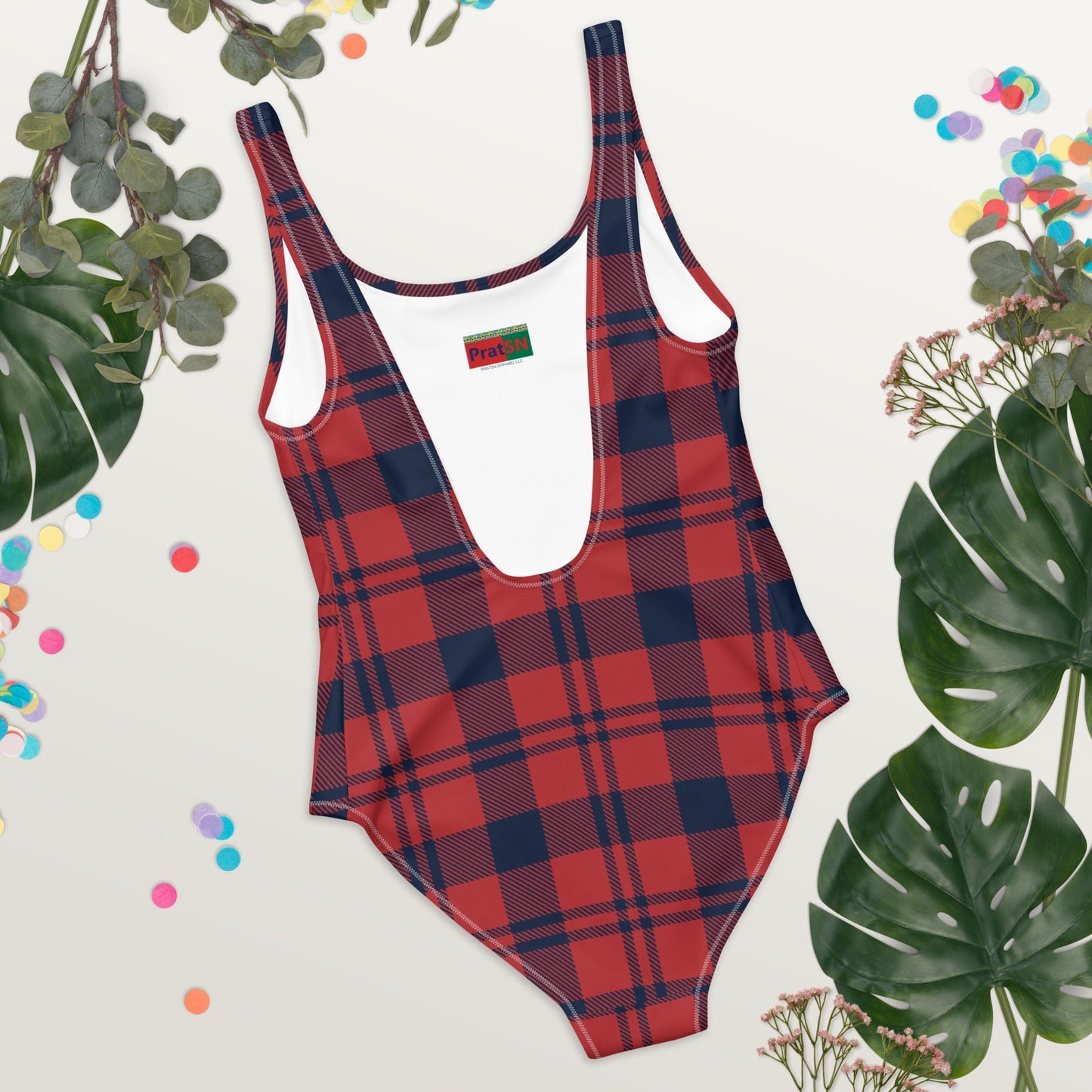 Women's One - Piece Swimsuit, Red and Blue Plaid, swimsuit, vacation swimwear, holiday travel swimwear, mothers day gift - PratSN