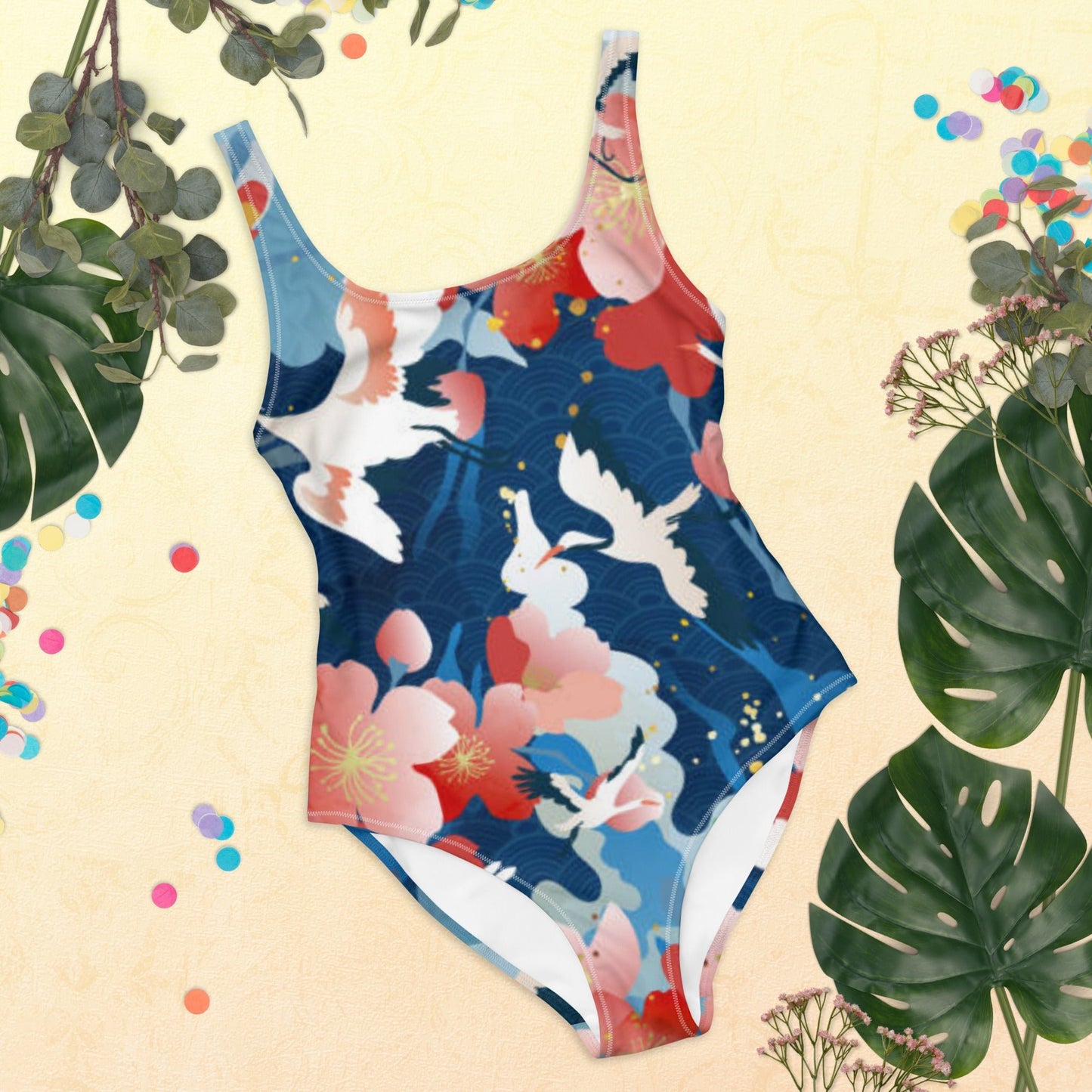 Women's One - Piece Swimsuit, Red Blue White Bird Pattern Swimsuit, swimwear, classic beach dress - PratSN