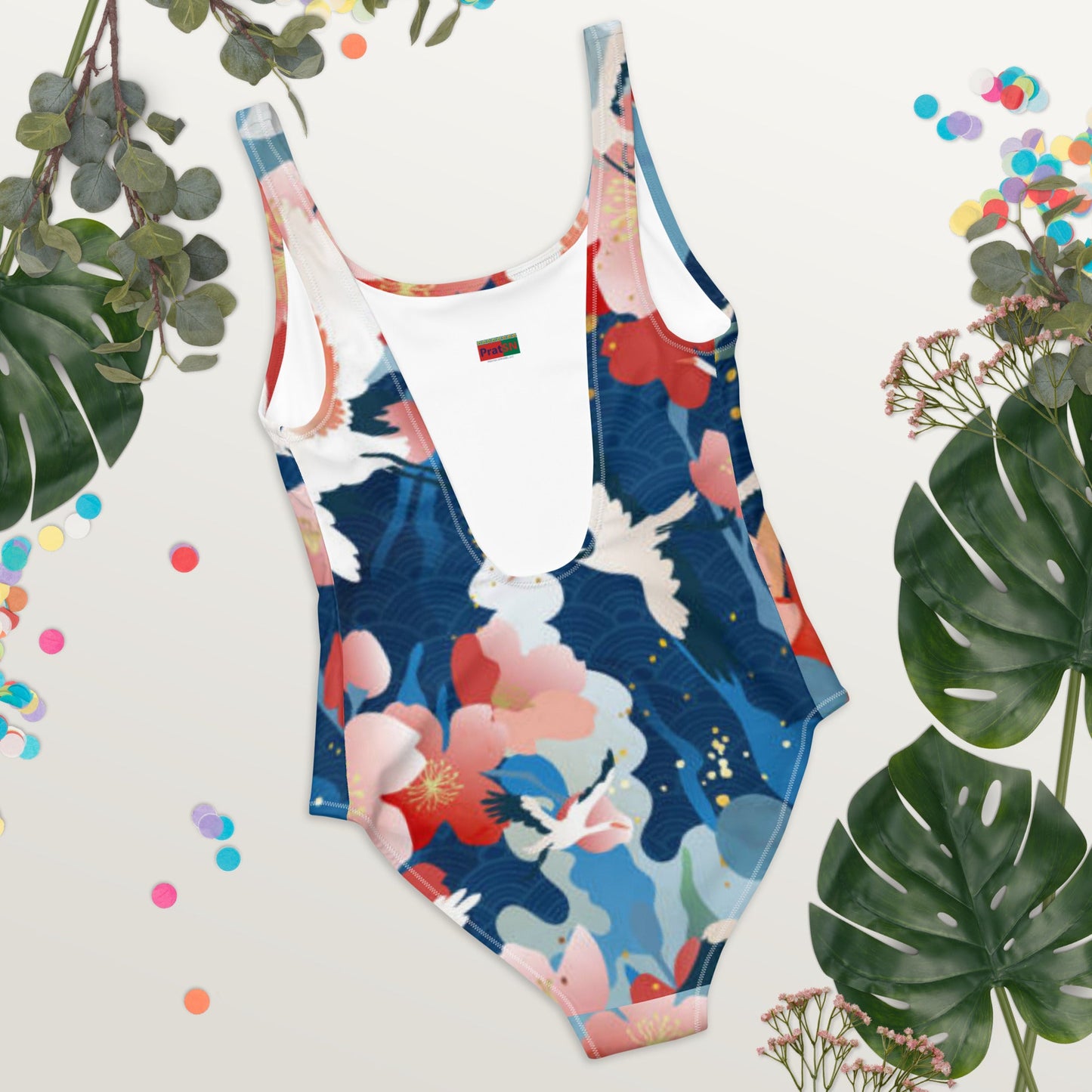 Women's One - Piece Swimsuit, Red Blue White Bird Pattern Swimsuit, swimwear, classic beach dress - PratSN