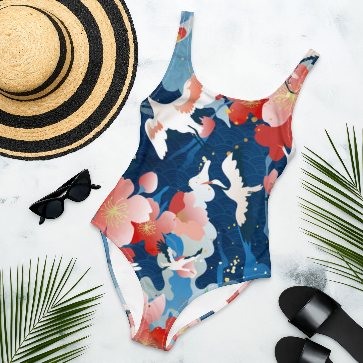 Women's One - Piece Swimsuit, Red Blue White Bird Pattern Swimsuit, swimwear, classic beach dress - PratSN
