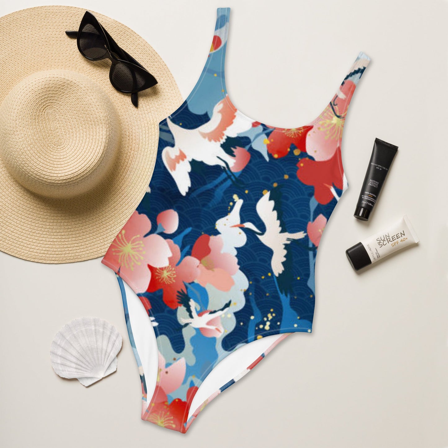 Women's One - Piece Swimsuit, Red Blue White Bird Pattern Swimsuit, swimwear, classic beach dress - PratSN