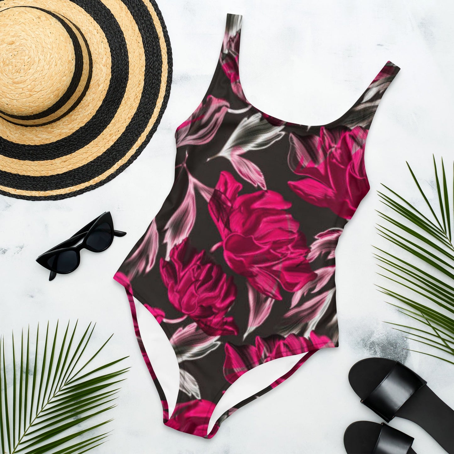 Women's One - Piece Swimsuit, Red Floral Outfit, Swimsuit, Beachwear, Bathing Suit - PratSN