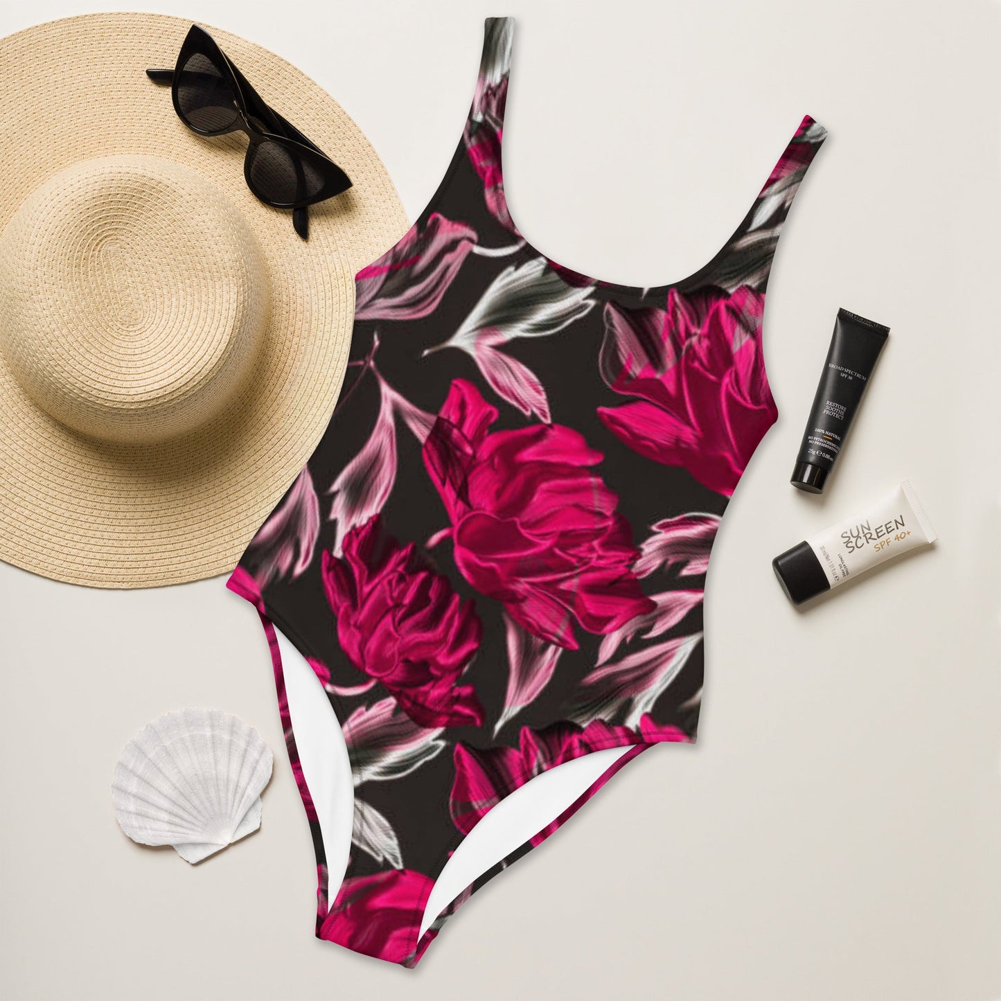Women's One - Piece Swimsuit, Red Floral Outfit, Swimsuit, Beachwear, Bathing Suit - PratSN