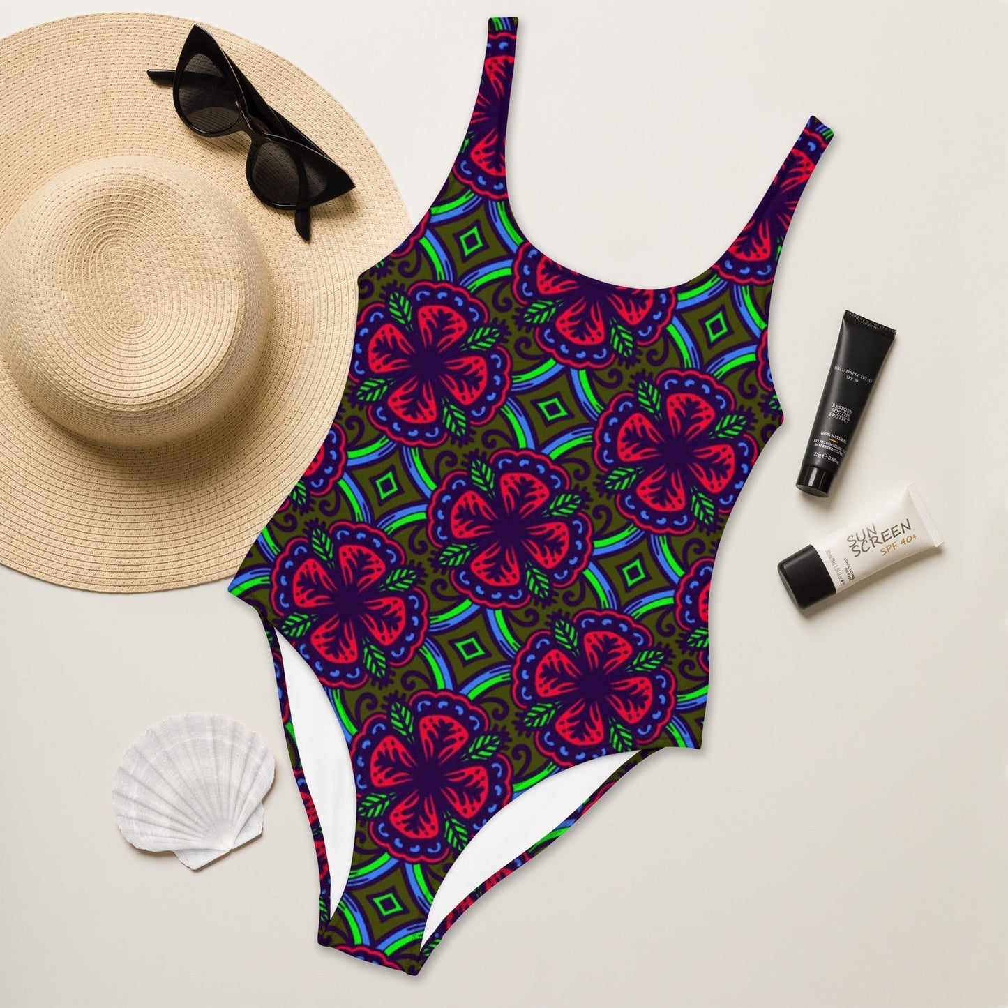 Women's One - Piece Swimsuit, Red Green swimsuit, vacation swimwear, holiday travel swimwear, mothers day gift - PratSN