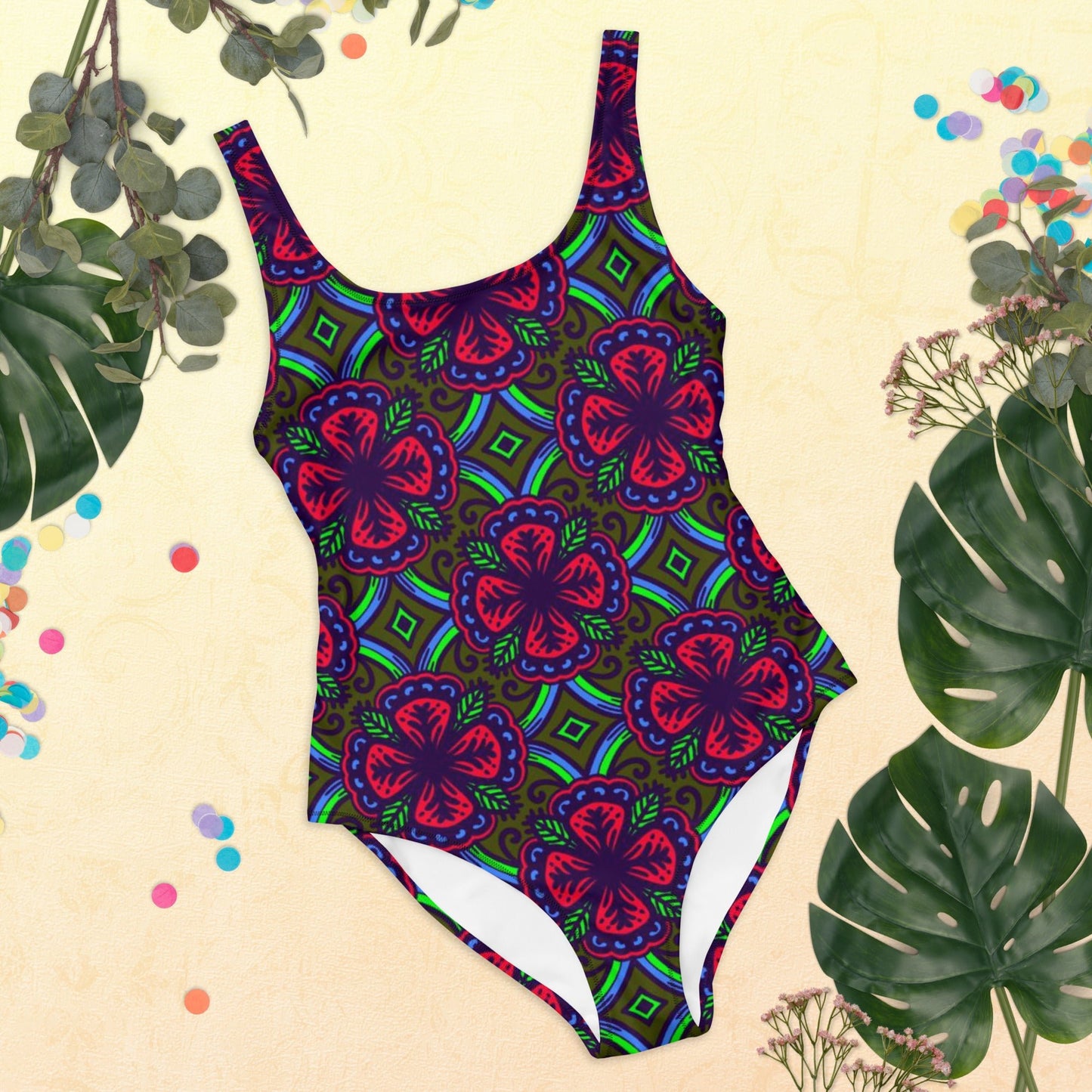Women's One - Piece Swimsuit, Red Green swimsuit, vacation swimwear, holiday travel swimwear, mothers day gift - PratSN