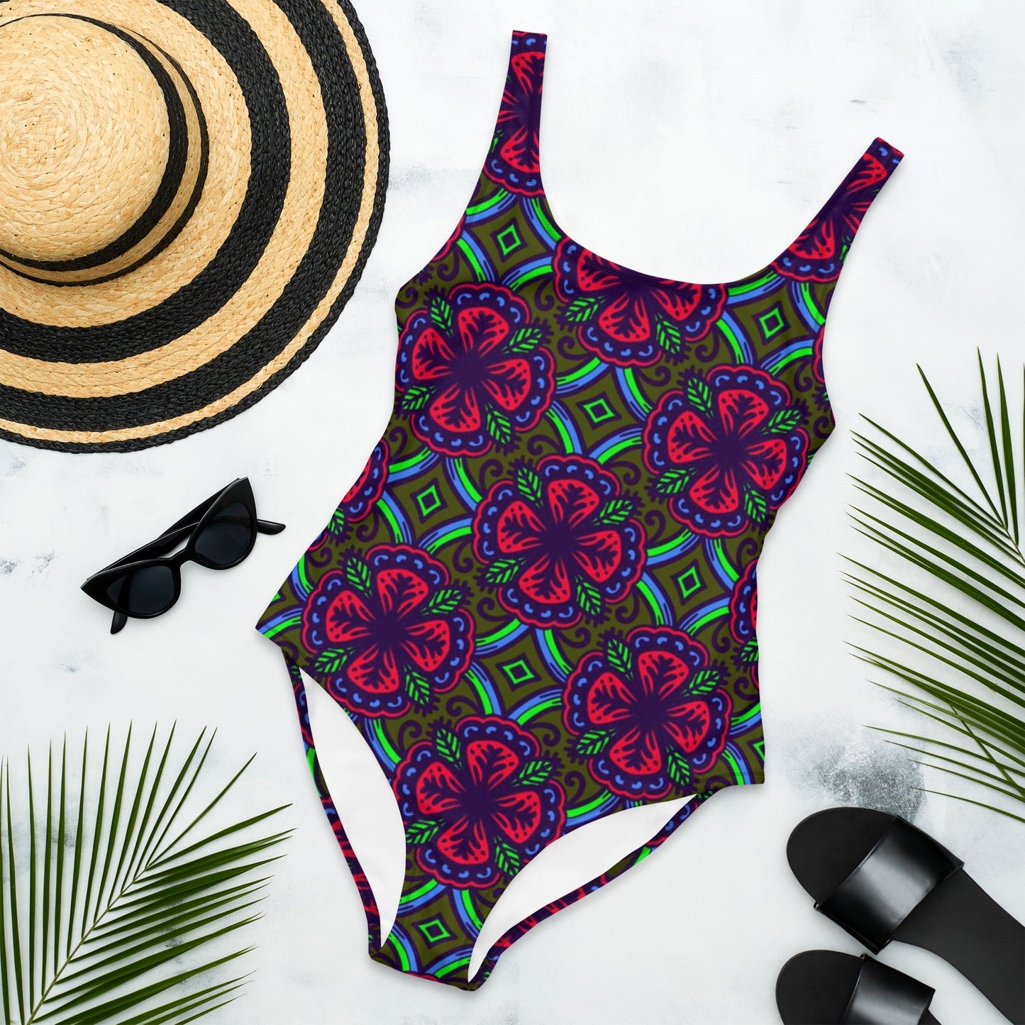 Women's One - Piece Swimsuit, Red Green swimsuit, vacation swimwear, holiday travel swimwear, mothers day gift - PratSN