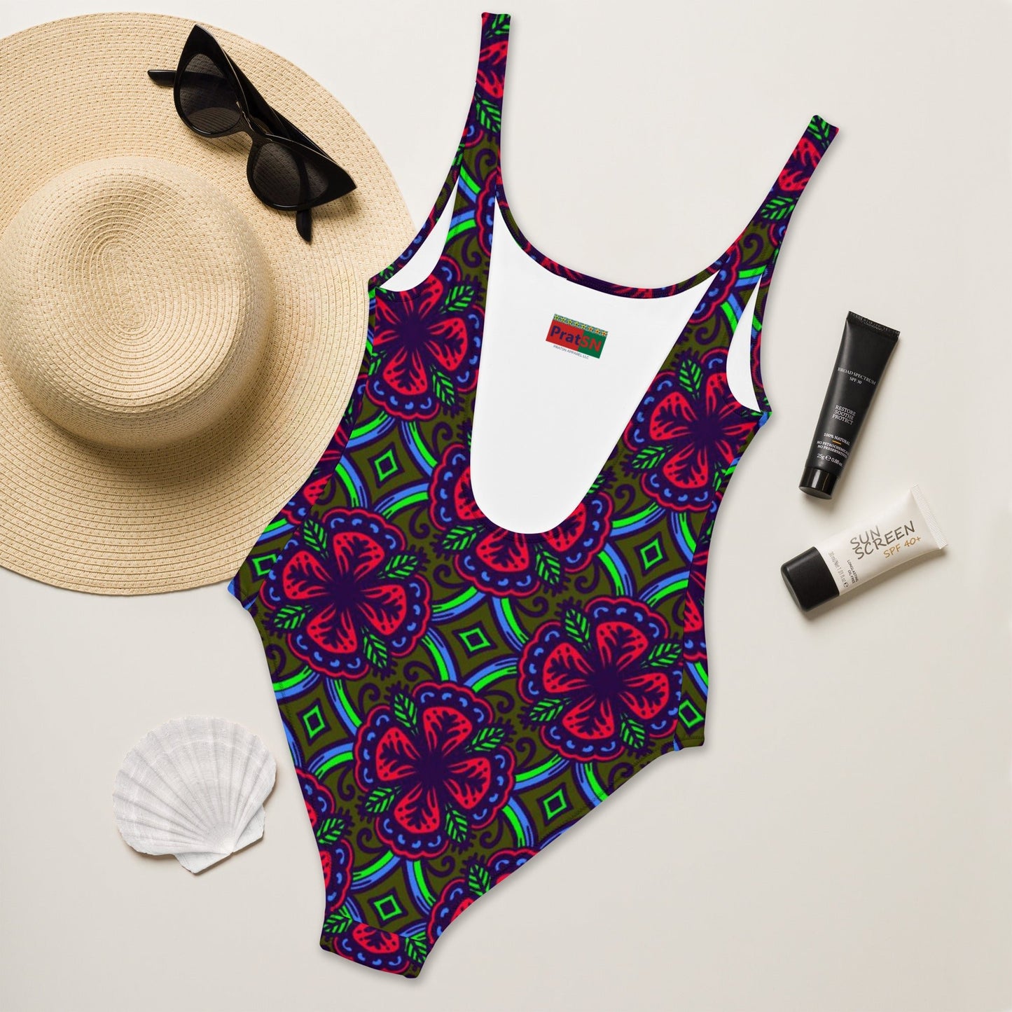 Women's One - Piece Swimsuit, Red Green swimsuit, vacation swimwear, holiday travel swimwear, mothers day gift - PratSN