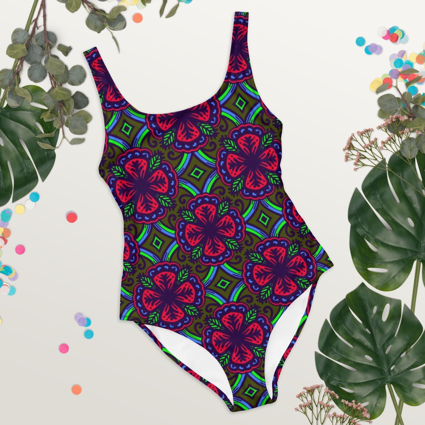 Women's One - Piece Swimsuit, Red Green swimsuit, vacation swimwear, holiday travel swimwear, mothers day gift - PratSN
