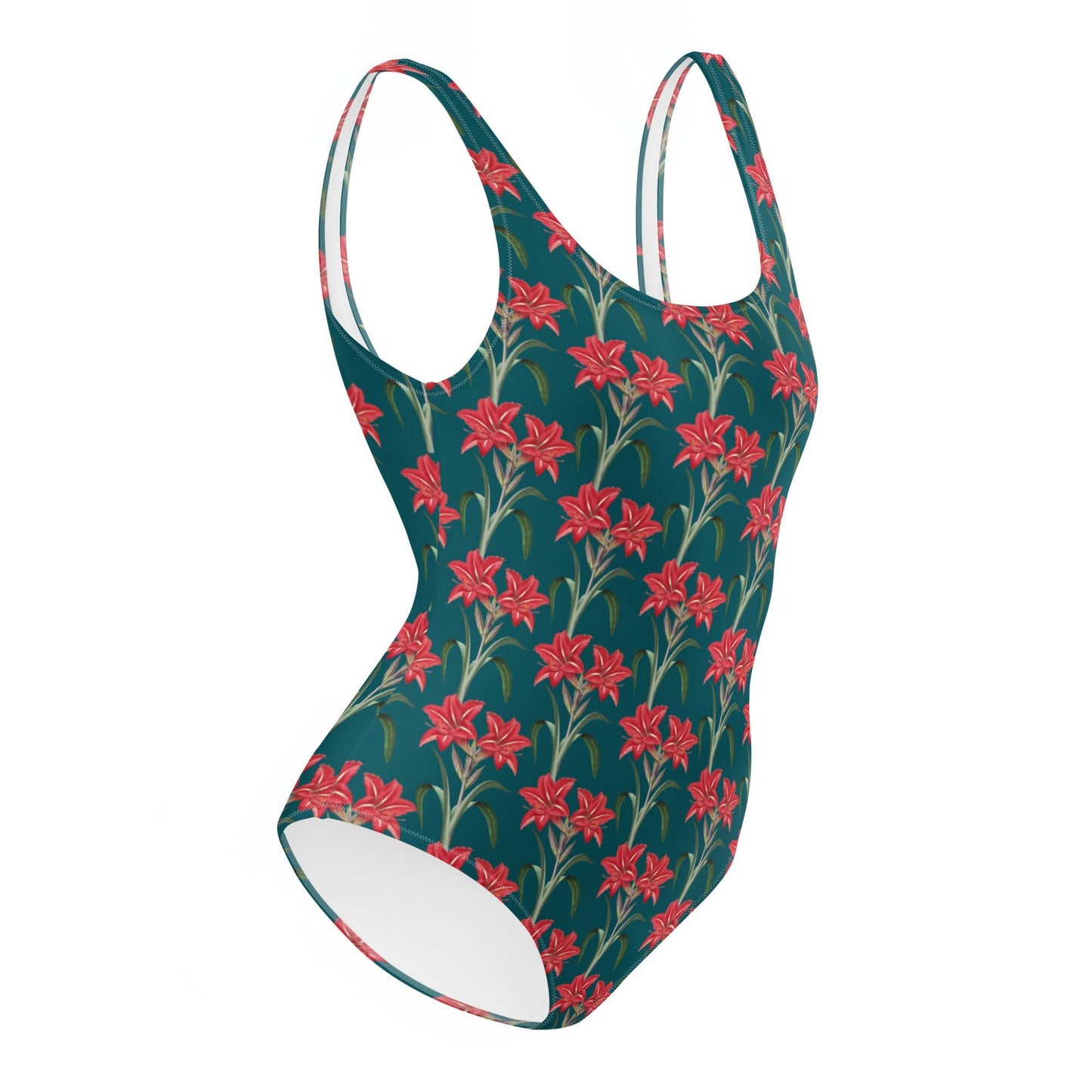 Women's One - Piece Swimsuit, Red Lilies Floral Swimsuit, Sherpa Blue Bathing Suit, swimwear, classic beach dress - PratSN