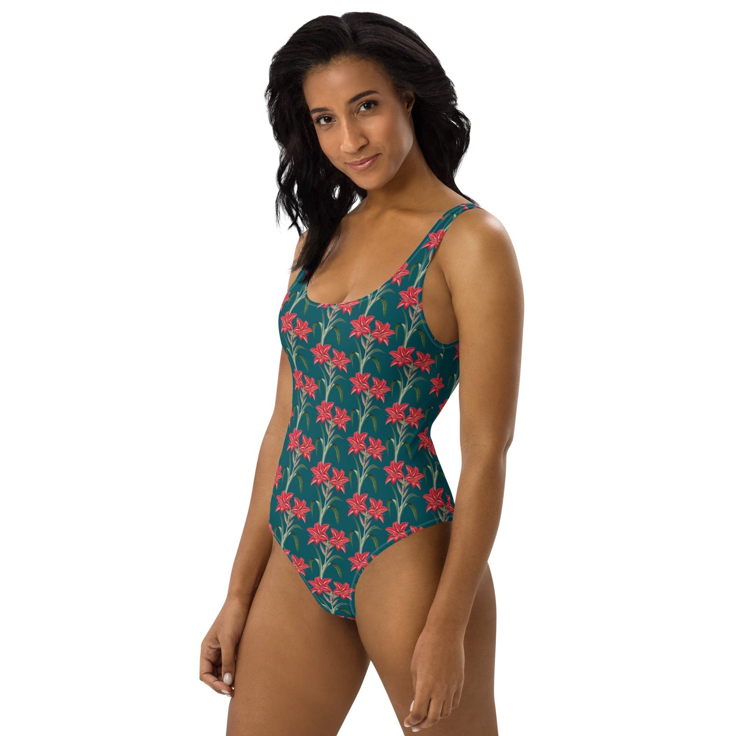 Women's One - Piece Swimsuit, Red Lilies Floral Swimsuit, Sherpa Blue Bathing Suit, swimwear, classic beach dress - PratSN