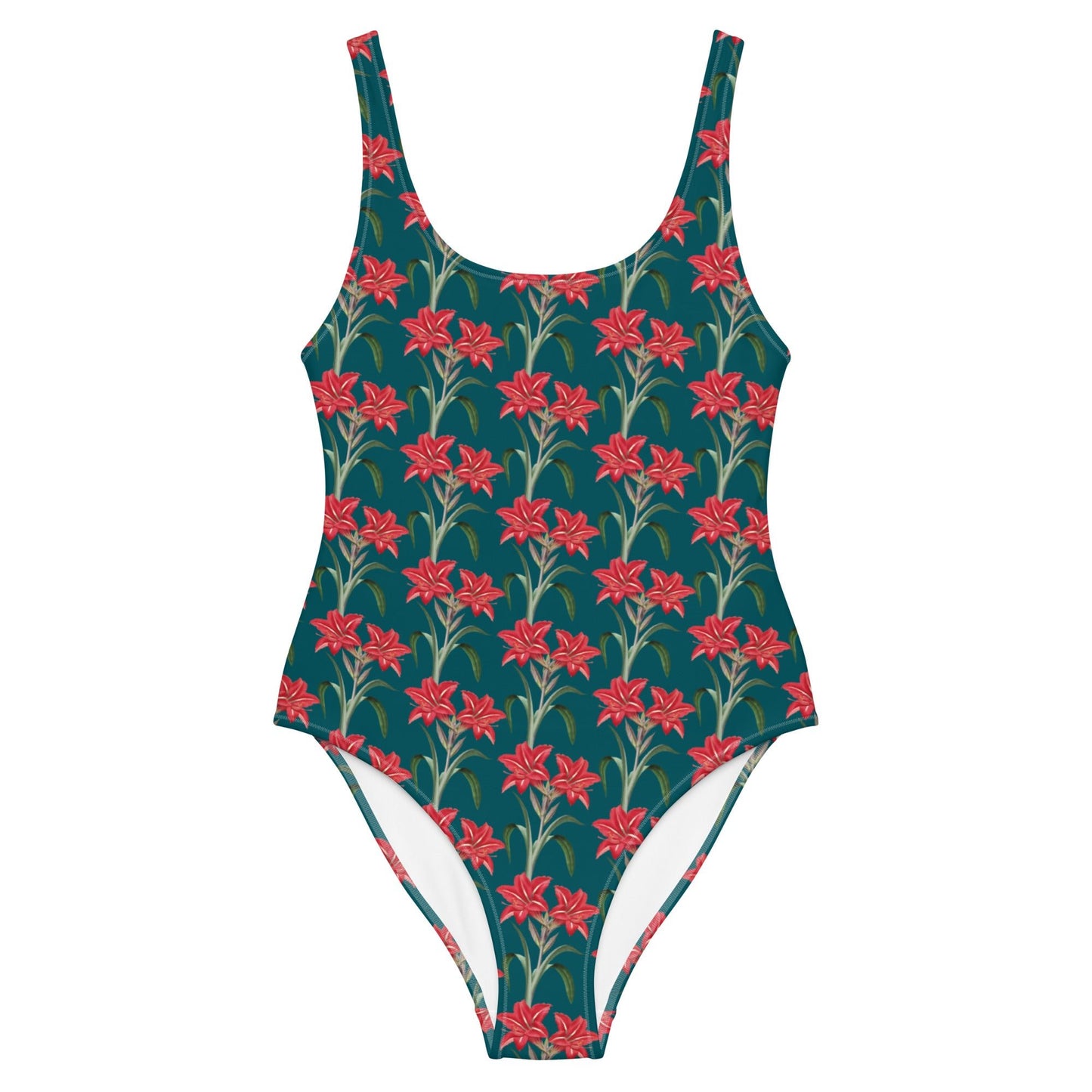 Women's One - Piece Swimsuit, Red Lilies Floral Swimsuit, Sherpa Blue Bathing Suit, swimwear, classic beach dress - PratSN