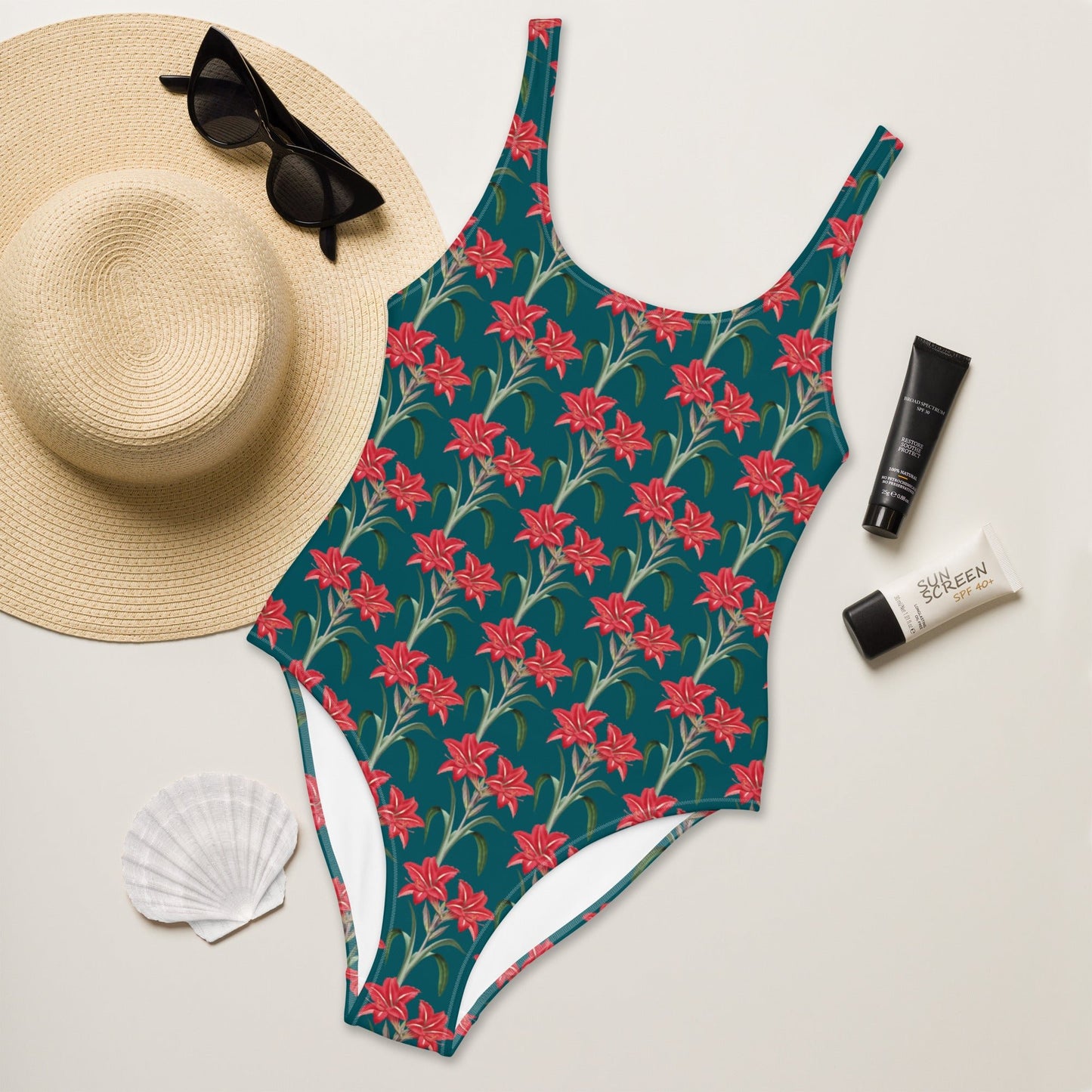 Women's One - Piece Swimsuit, Red Lilies Floral Swimsuit, Sherpa Blue Bathing Suit, swimwear, classic beach dress - PratSN