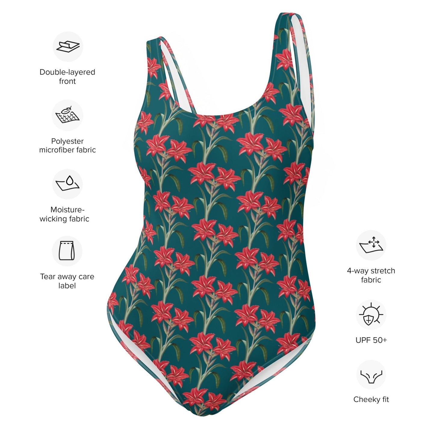 Women's One - Piece Swimsuit, Red Lilies Floral Swimsuit, Sherpa Blue Bathing Suit, swimwear, classic beach dress - PratSN