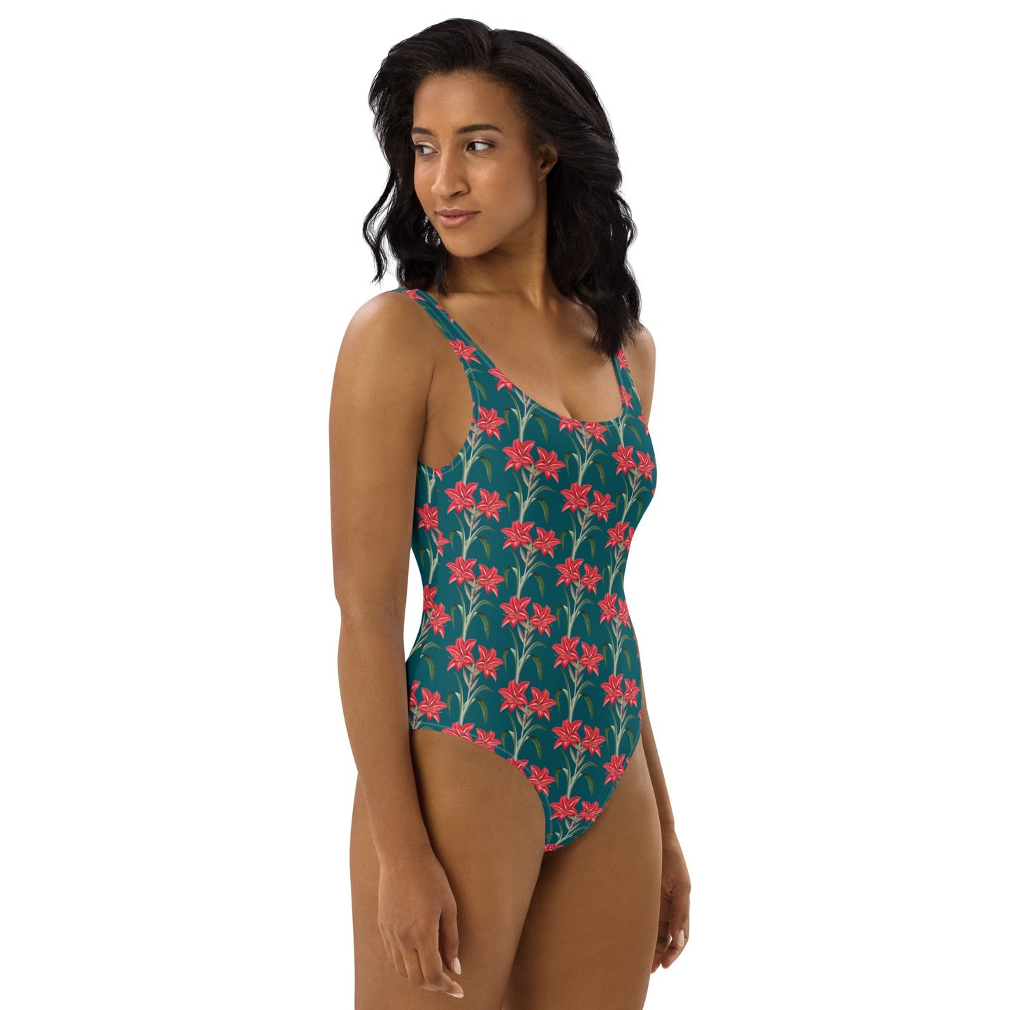 Women's One - Piece Swimsuit, Red Lilies Floral Swimsuit, Sherpa Blue Bathing Suit, swimwear, classic beach dress - PratSN