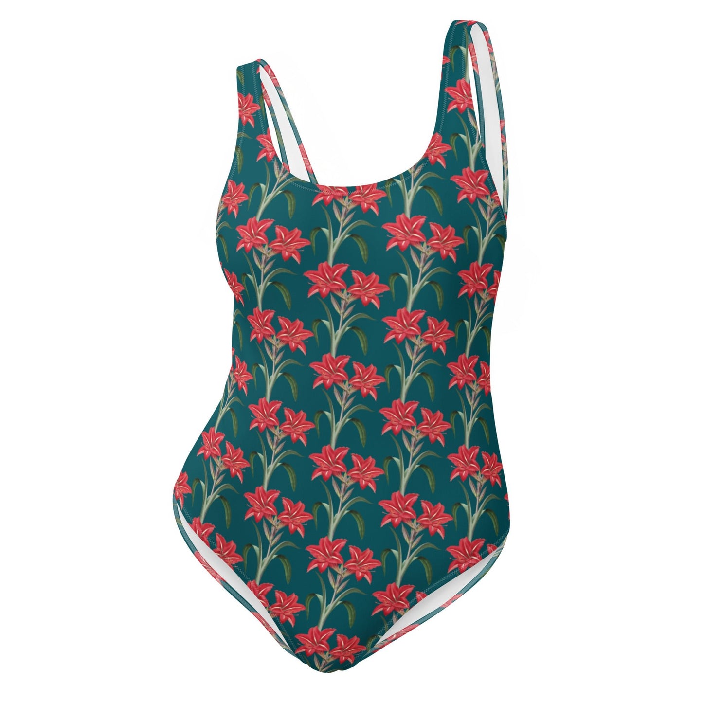 Women's One - Piece Swimsuit, Red Lilies Floral Swimsuit, Sherpa Blue Bathing Suit, swimwear, classic beach dress - PratSN