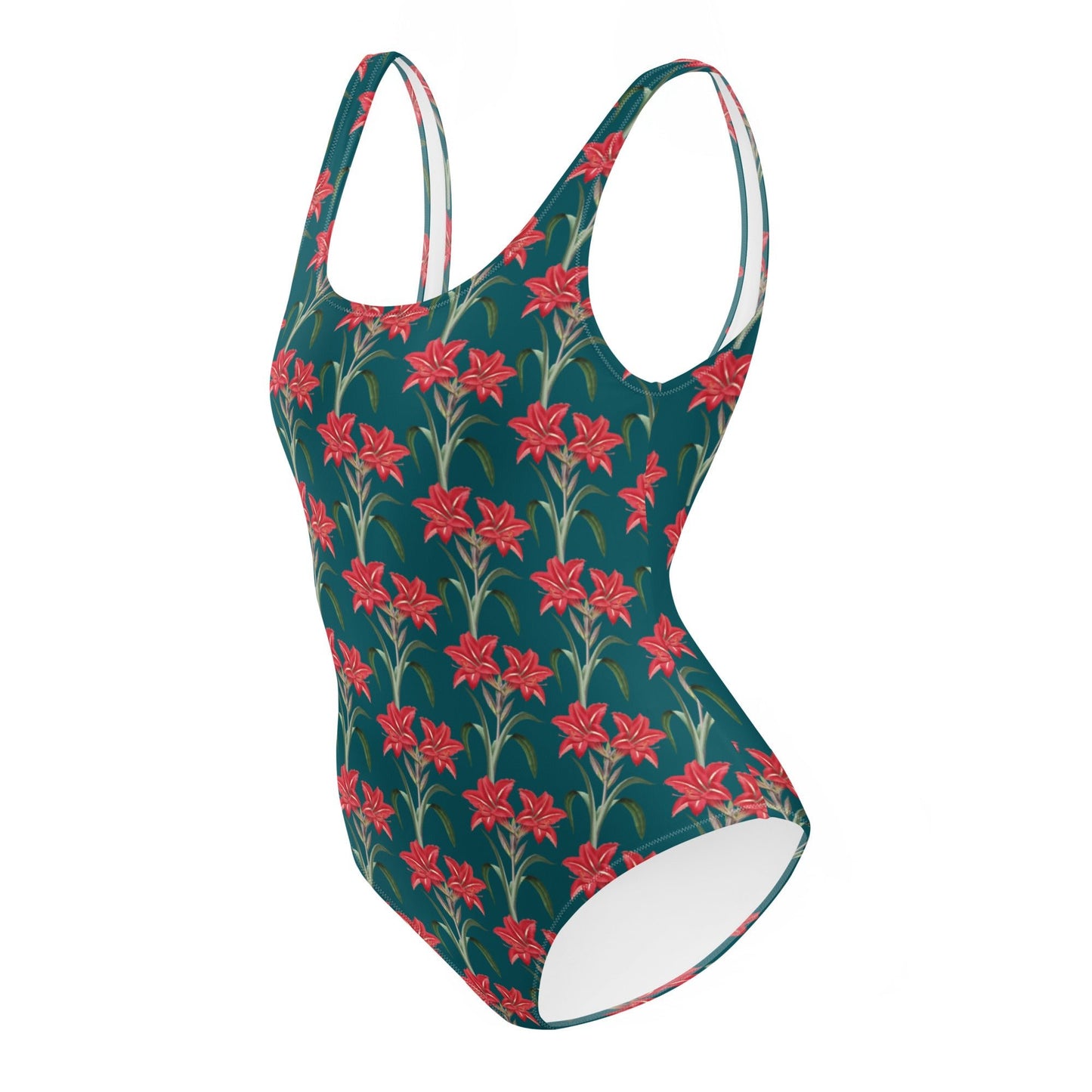 Women's One - Piece Swimsuit, Red Lilies Floral Swimsuit, Sherpa Blue Bathing Suit, swimwear, classic beach dress - PratSN