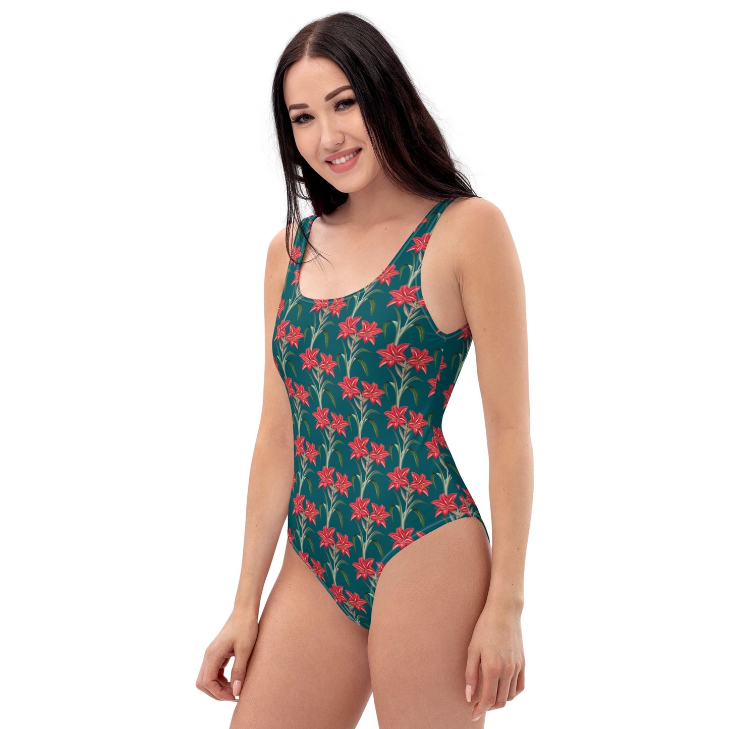 Women's One - Piece Swimsuit, Red Lilies Floral Swimsuit, Sherpa Blue Bathing Suit, swimwear, classic beach dress - PratSN