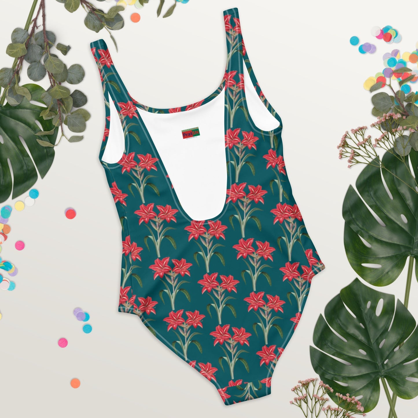 Women's One - Piece Swimsuit, Red Lilies Floral Swimsuit, Sherpa Blue Bathing Suit, swimwear, classic beach dress - PratSN