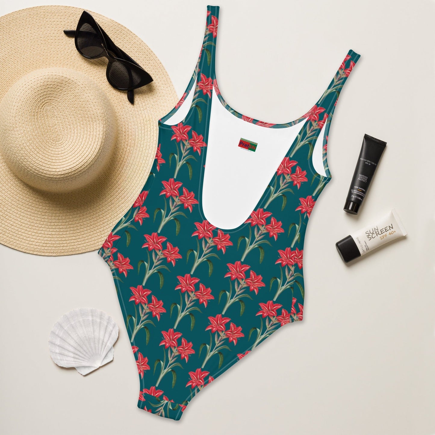Women's One - Piece Swimsuit, Red Lilies Floral Swimsuit, Sherpa Blue Bathing Suit, swimwear, classic beach dress - PratSN