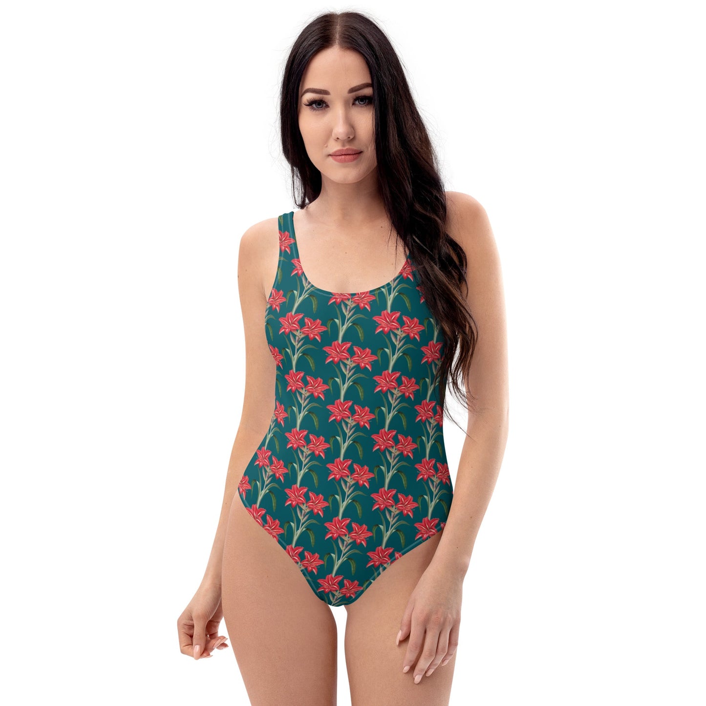 Women's One - Piece Swimsuit, Red Lilies Floral Swimsuit, Sherpa Blue Bathing Suit, swimwear, classic beach dress - PratSN
