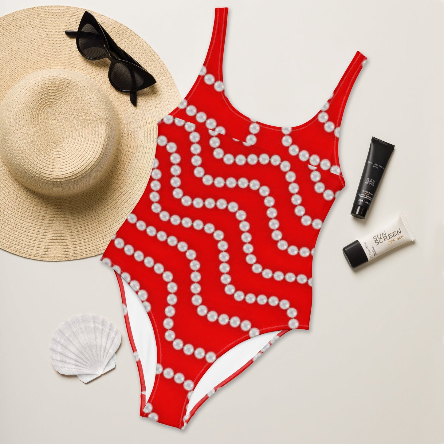 Women's One - Piece Swimsuit, Red Rhinestone Print Outfit, tankinis, Swimsuit, Beachwear, Bathing Suit - PratSN