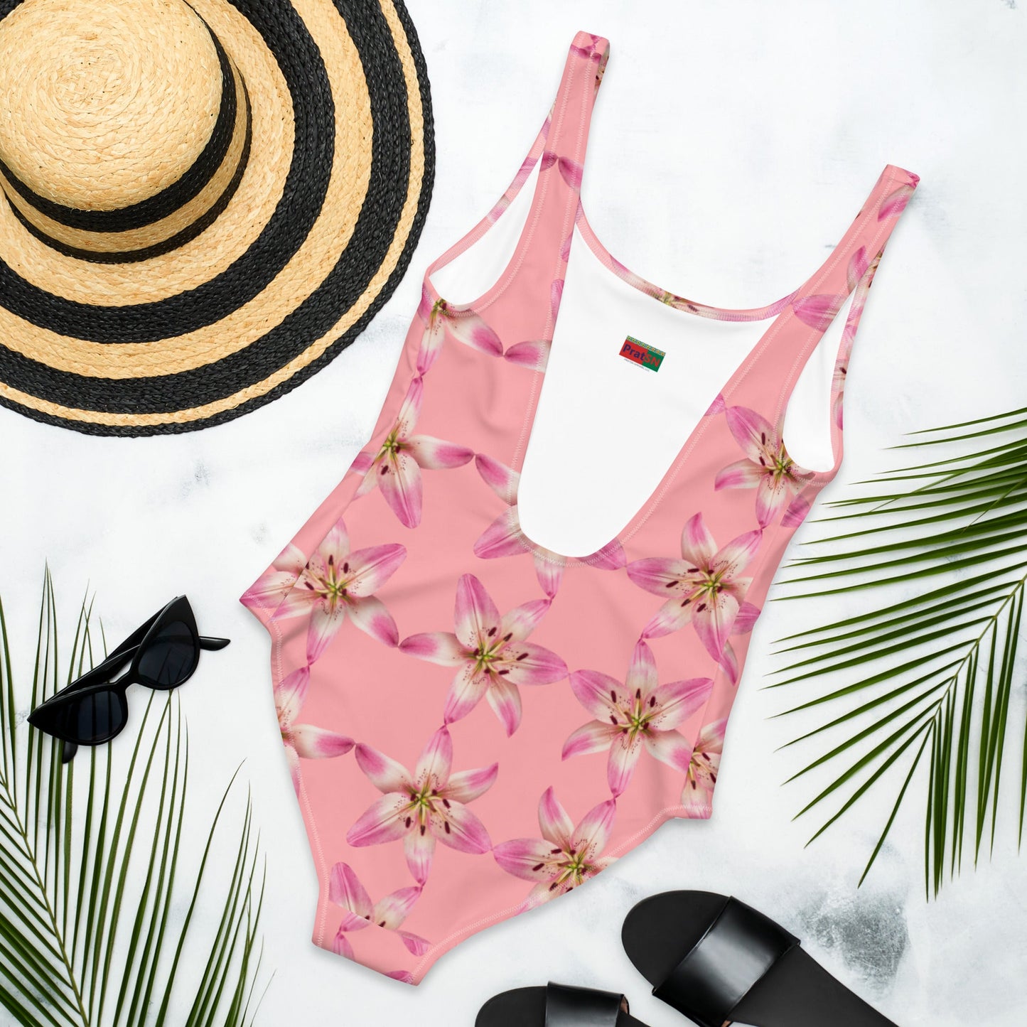Women's One - Piece Swimsuit, wewak pink bathing suit, pink Lily Pattern Swimwear, classic beach dress - PratSN