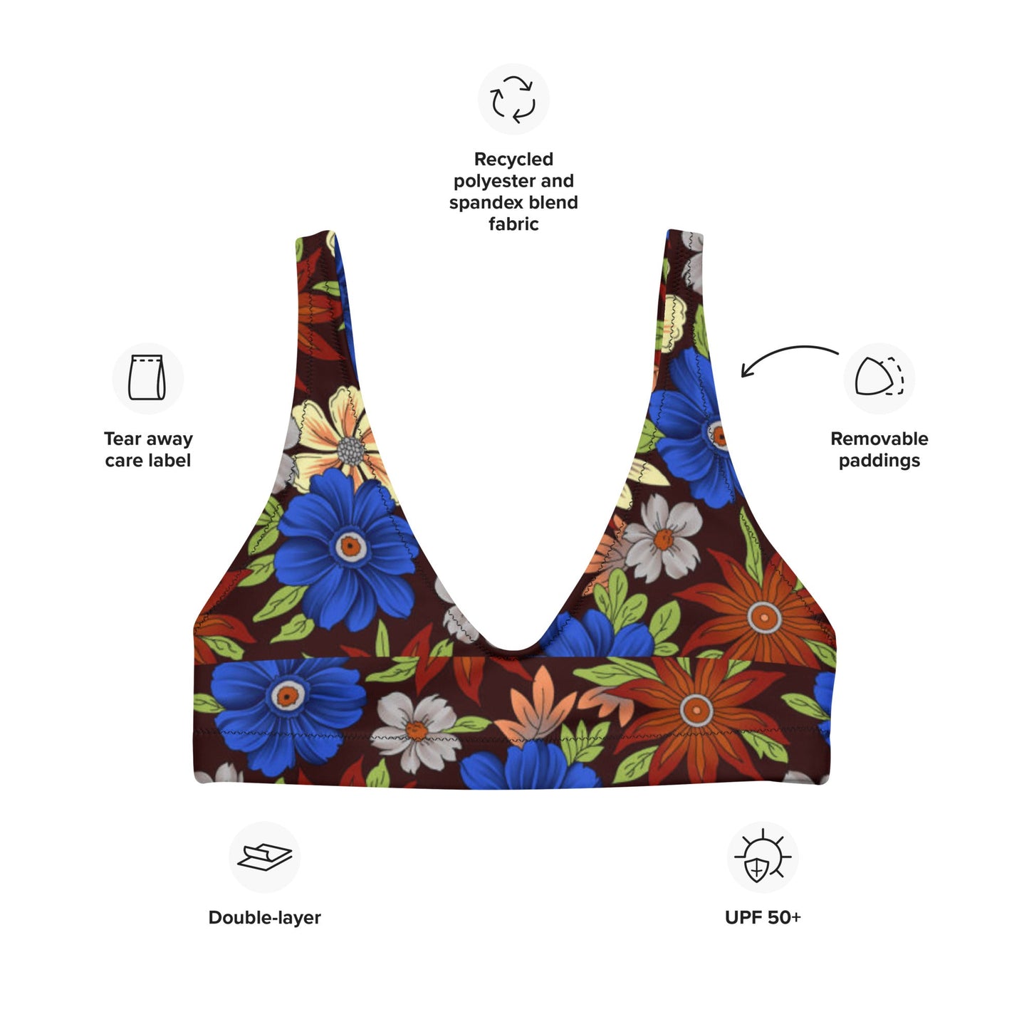 Women's padded bikini top, floral swimwear, classic beach dress - PratSN
