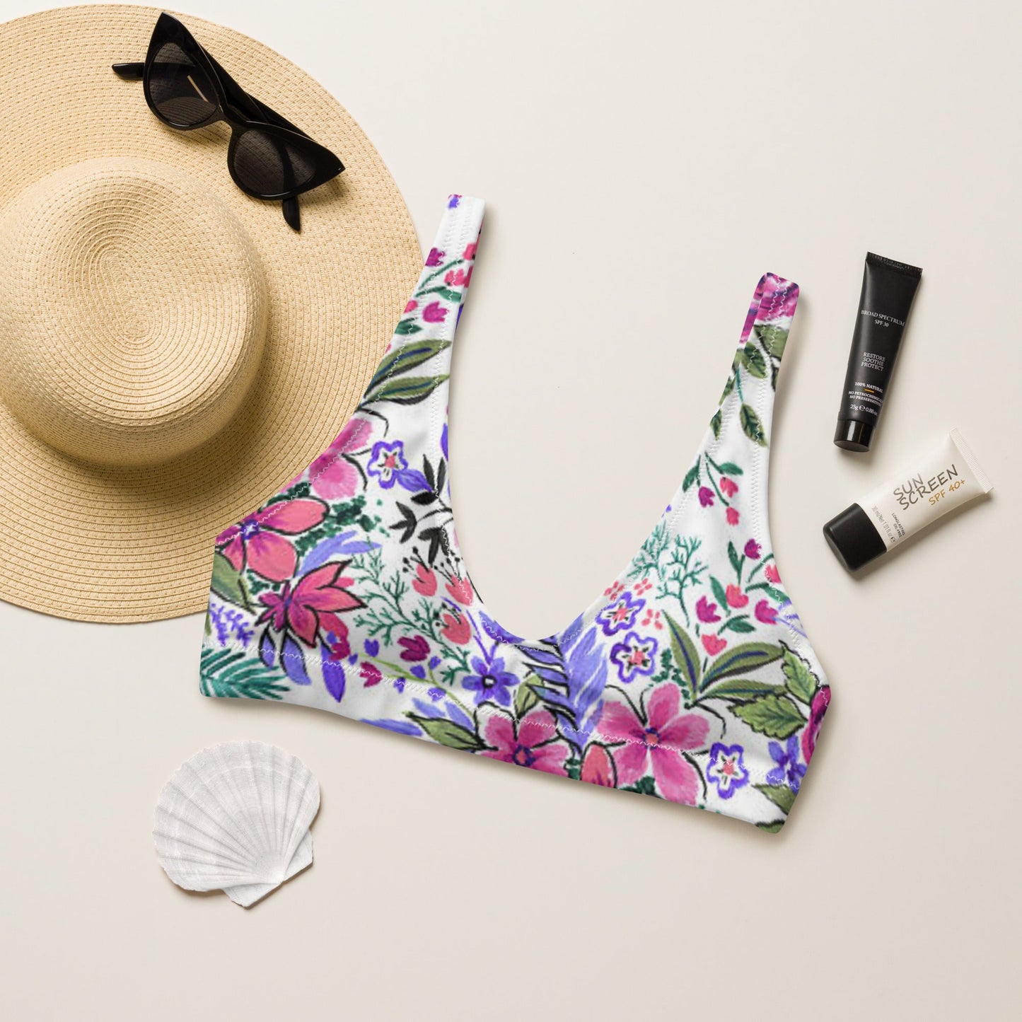Women's padded bikini top, floral swimwear, classic beach dress - PratSN