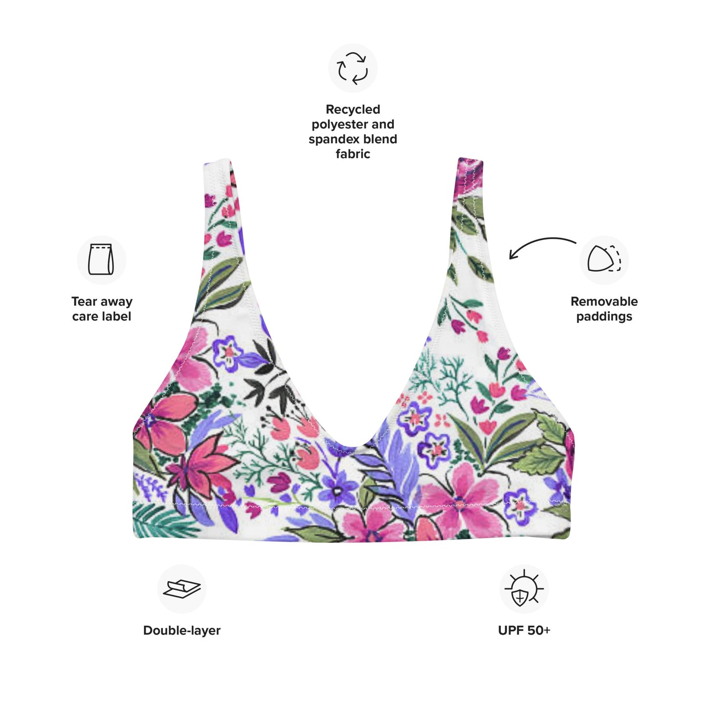 Women's padded bikini top, floral swimwear, classic beach dress - PratSN