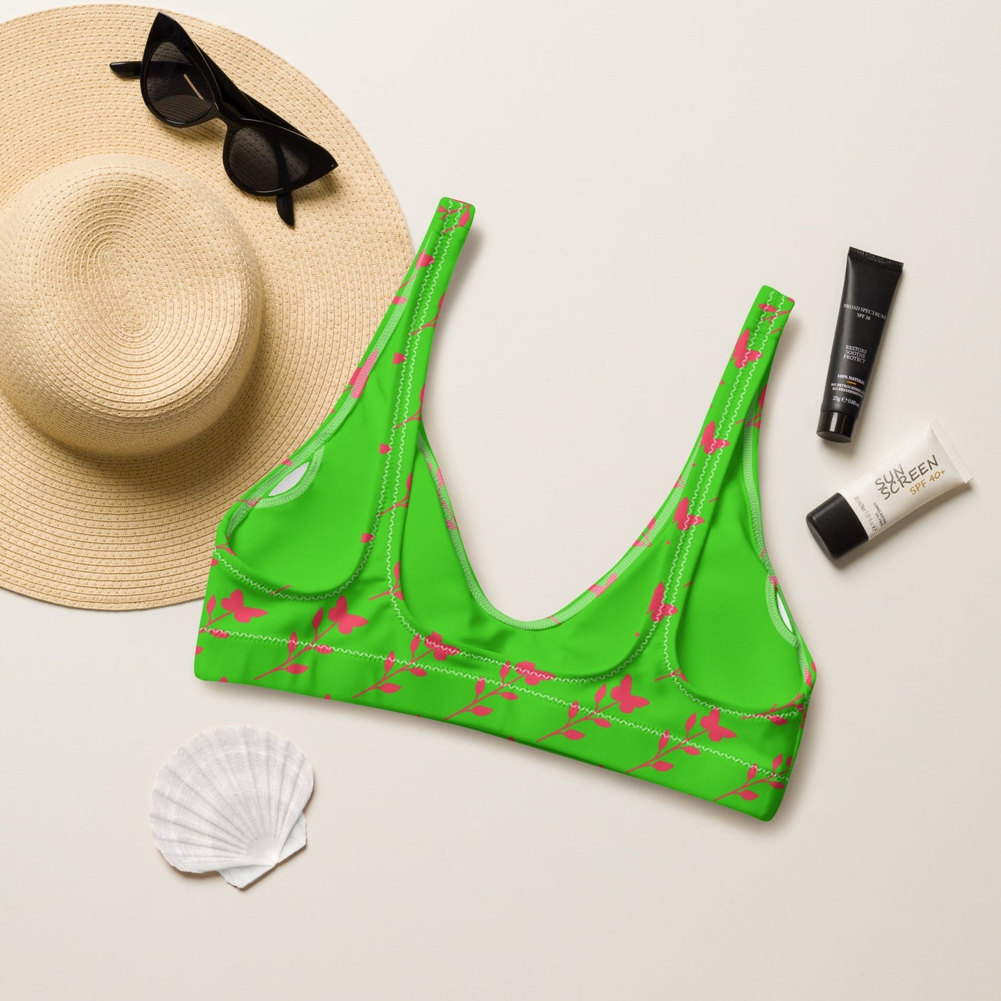 Women's padded bikini top, Green Floral Summer Dress, swimwear, classic beach dress - PratSN