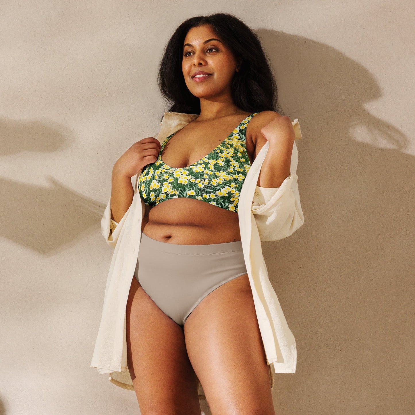 Women's padded bikini top, green floral swimwear, classic beach dress - PratSN