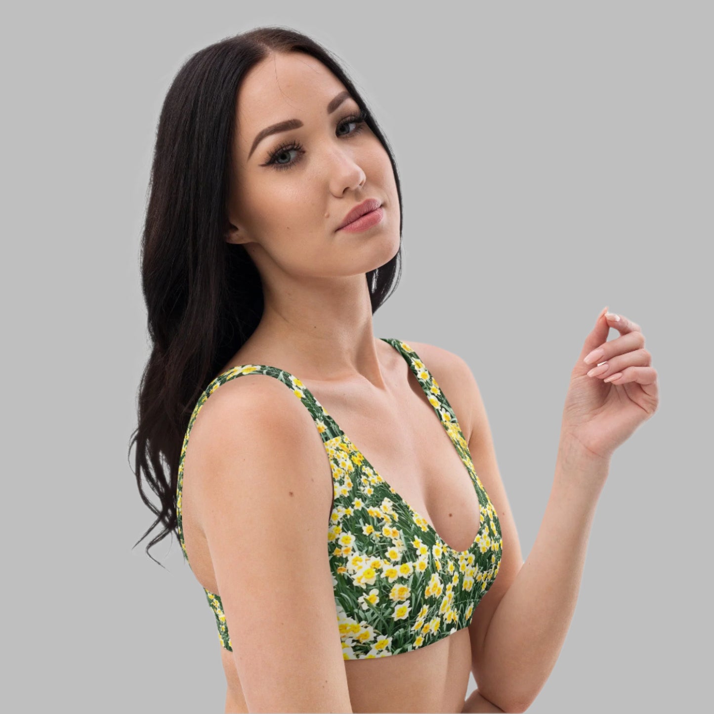 Women's padded bikini top, green floral swimwear, classic beach dress - PratSN