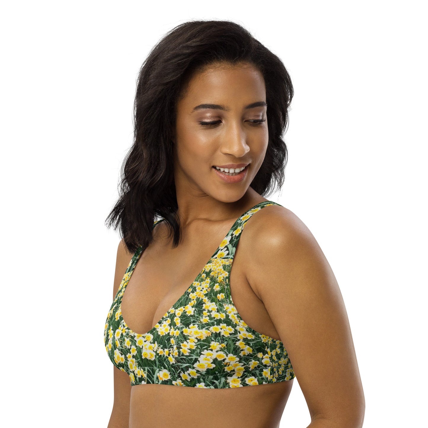 Women's padded bikini top, green floral swimwear, classic beach dress - PratSN