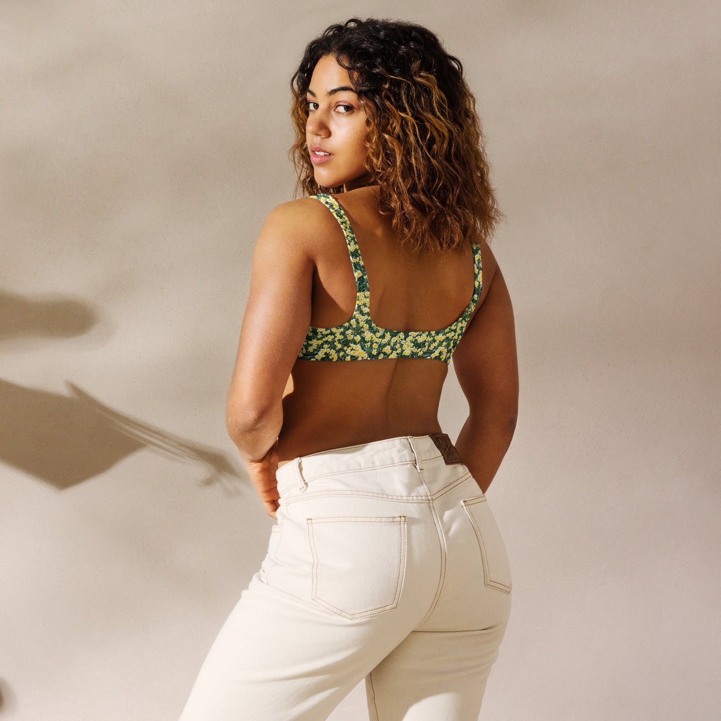 Women's padded bikini top, green floral swimwear, classic beach dress - PratSN
