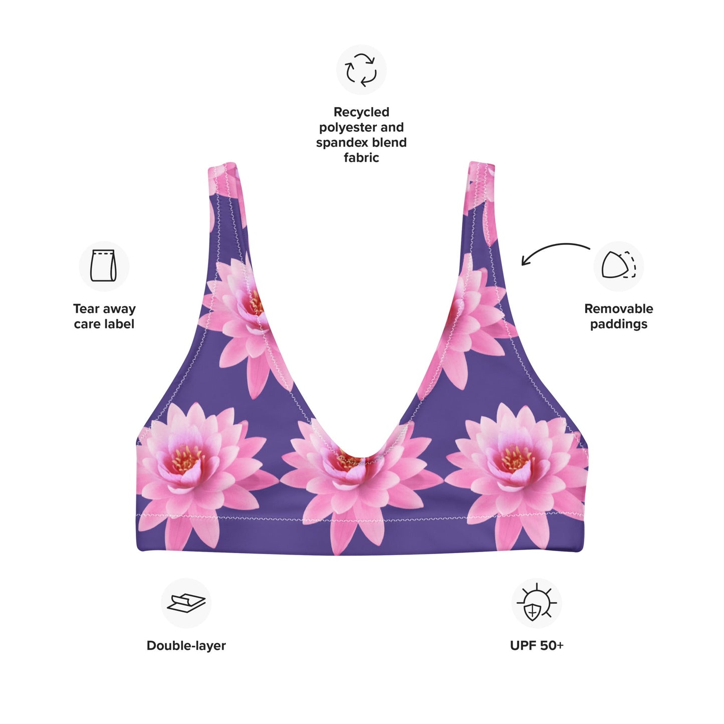Women's padded bikini top, Pink Flower Swimsuit, purple Swimwear, classic beach dress - PratSN