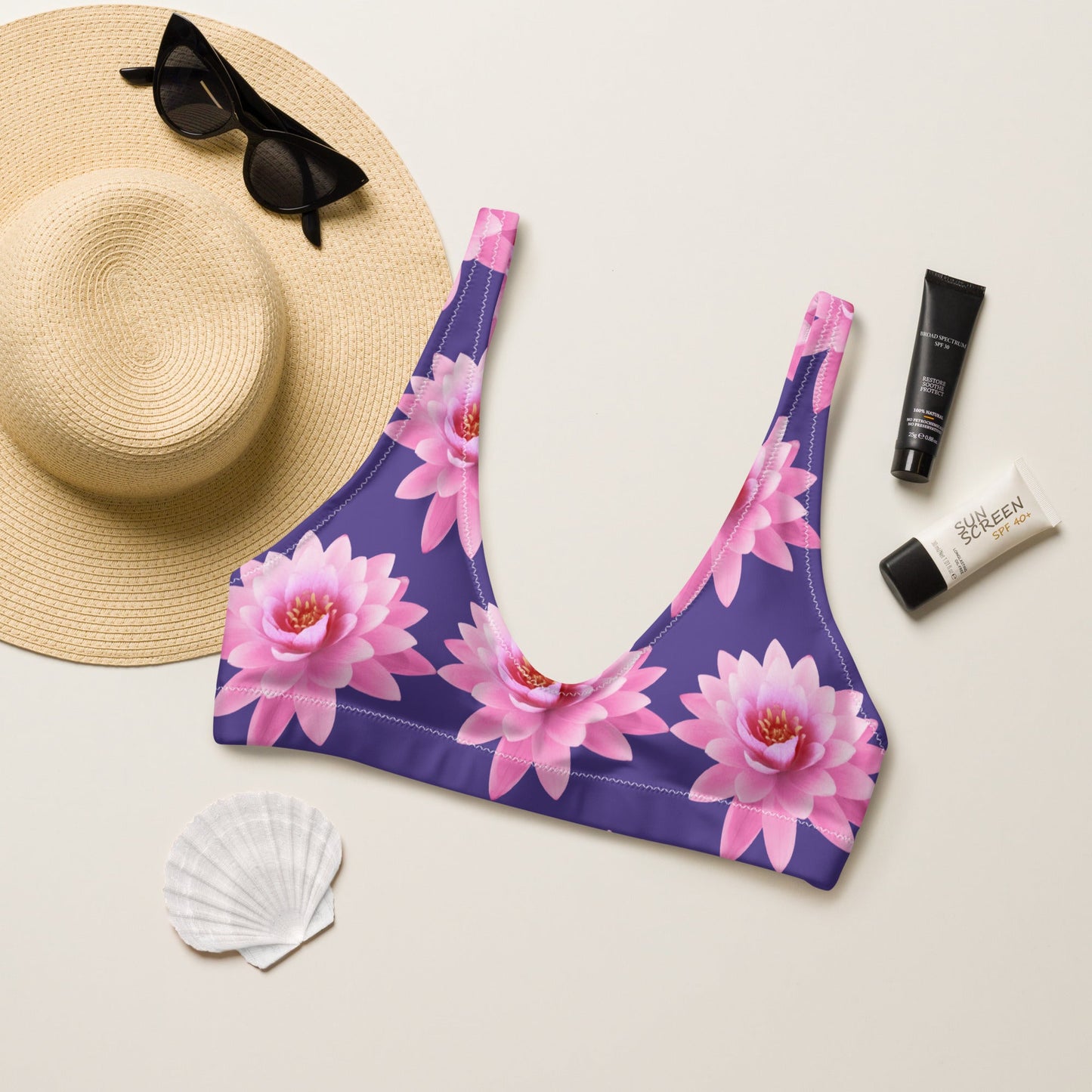 Women's padded bikini top, Pink Flower Swimsuit, purple Swimwear, classic beach dress - PratSN