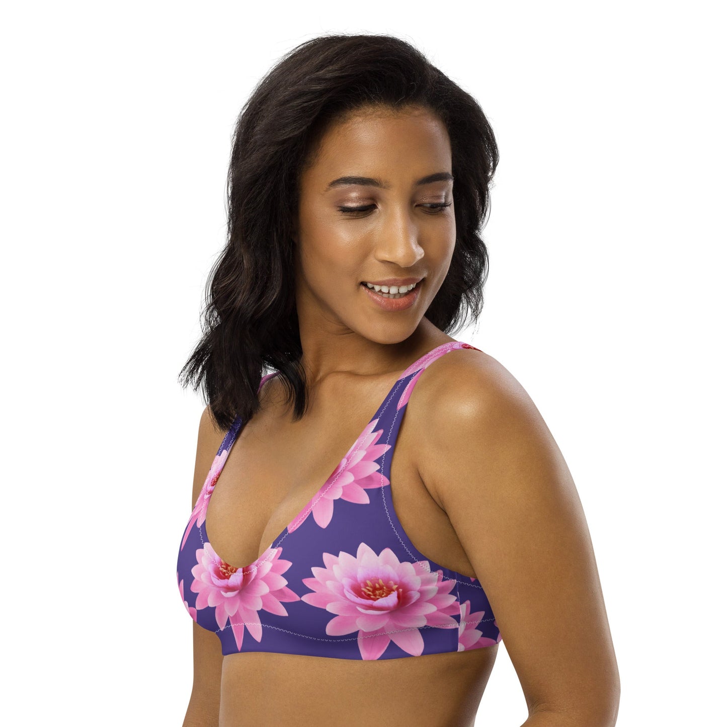 Women's padded bikini top, Pink Flower Swimsuit, purple Swimwear, classic beach dress - PratSN