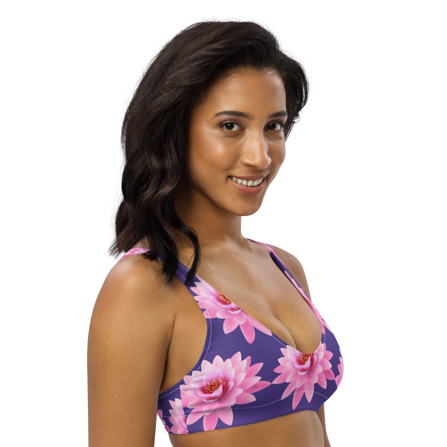 Women's padded bikini top, Pink Flower Swimsuit, purple Swimwear, classic beach dress - PratSN