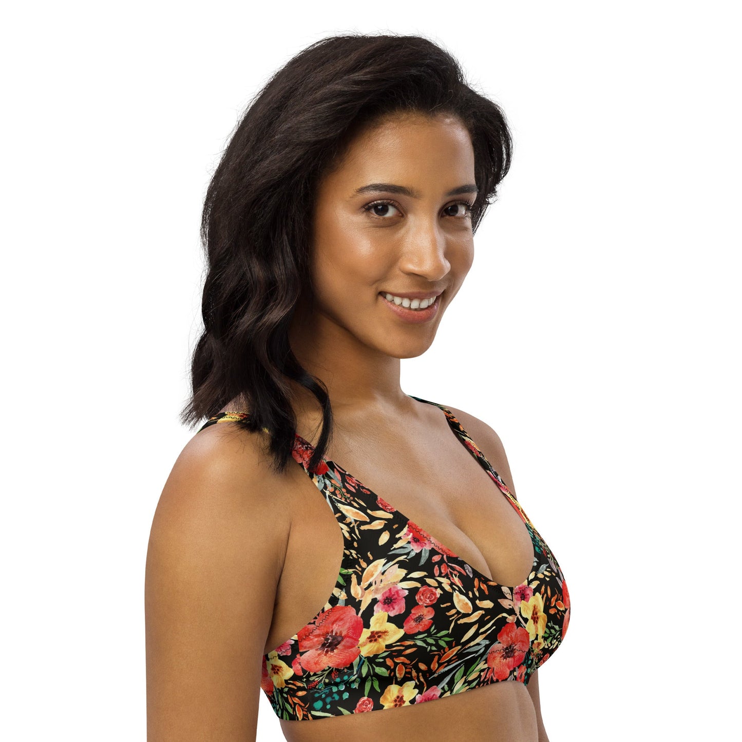 Women's padded bikini top, Recycled padded bikini top, Black, yellow and pink bikini top, Multicolor bikini top, Floral pattern bikini top, Beach dress, Beach dress for summer and spring - PratSN