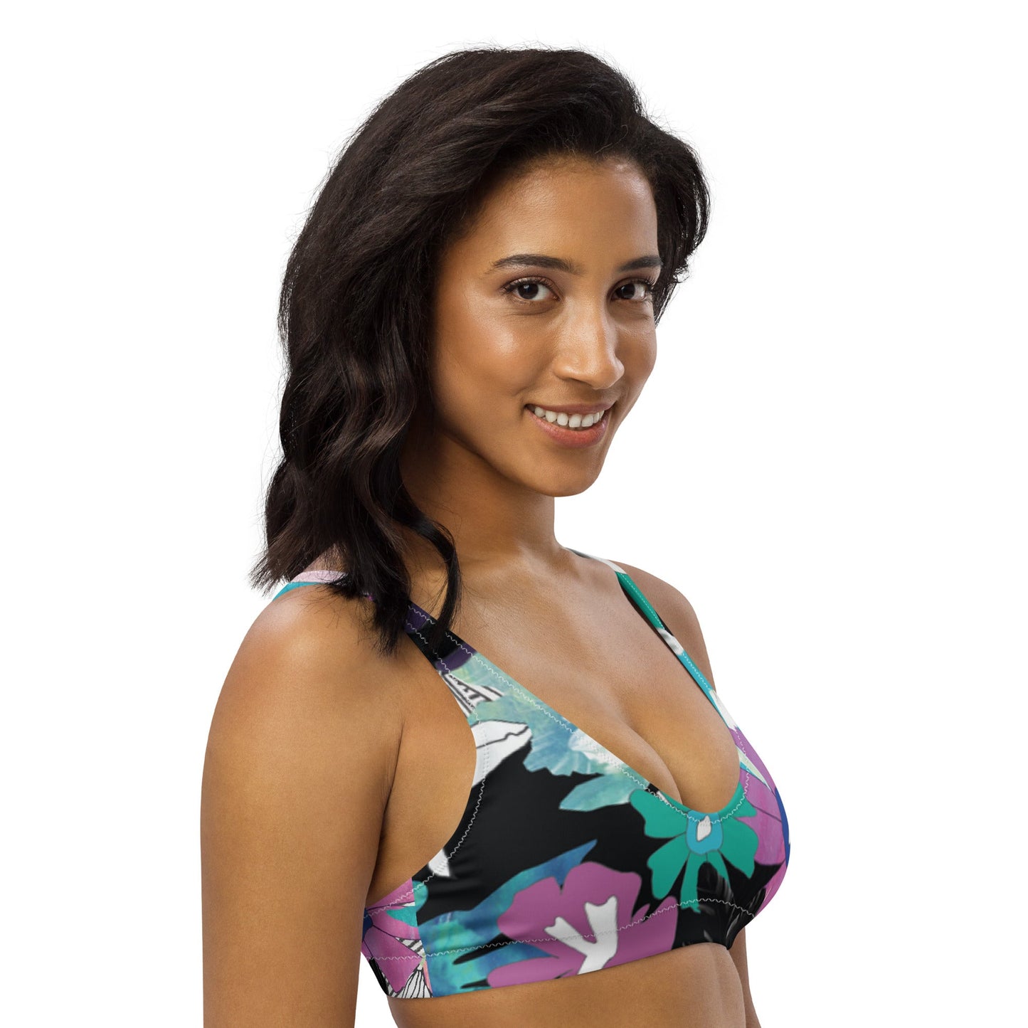 Women's padded bikini top, Recycled padded bikini top, White black and pink bikini top, Multicolor bikini top, Floral pattern bikini top, Beach dress, Beach dress for summer and spring - PratSN