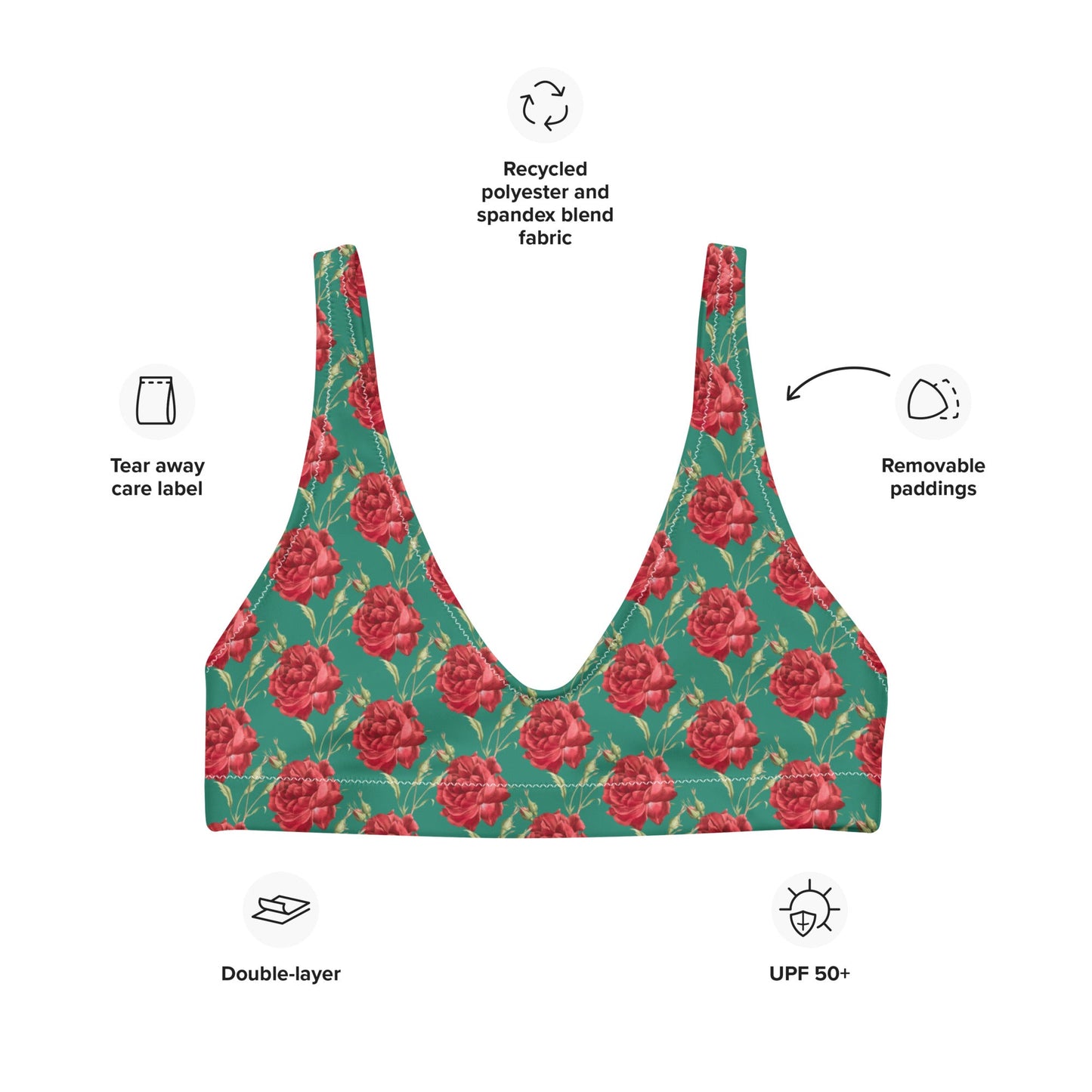 Women's padded bikini top' Red Roses swimwear, classic beach dress - PratSN