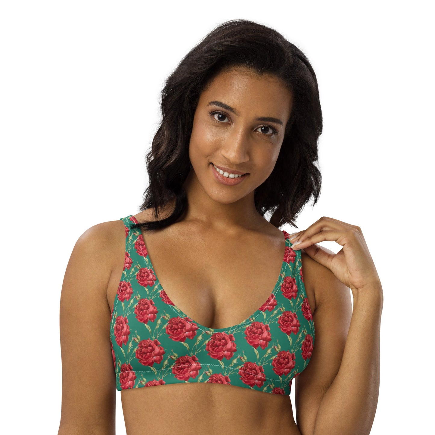 Women's padded bikini top' Red Roses swimwear, classic beach dress - PratSN