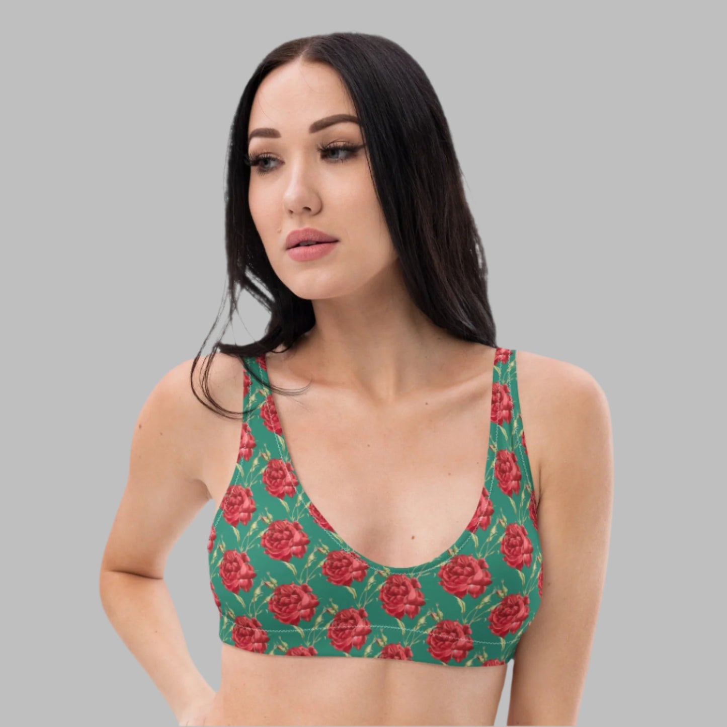 Women's padded bikini top' Red Roses swimwear, classic beach dress - PratSN