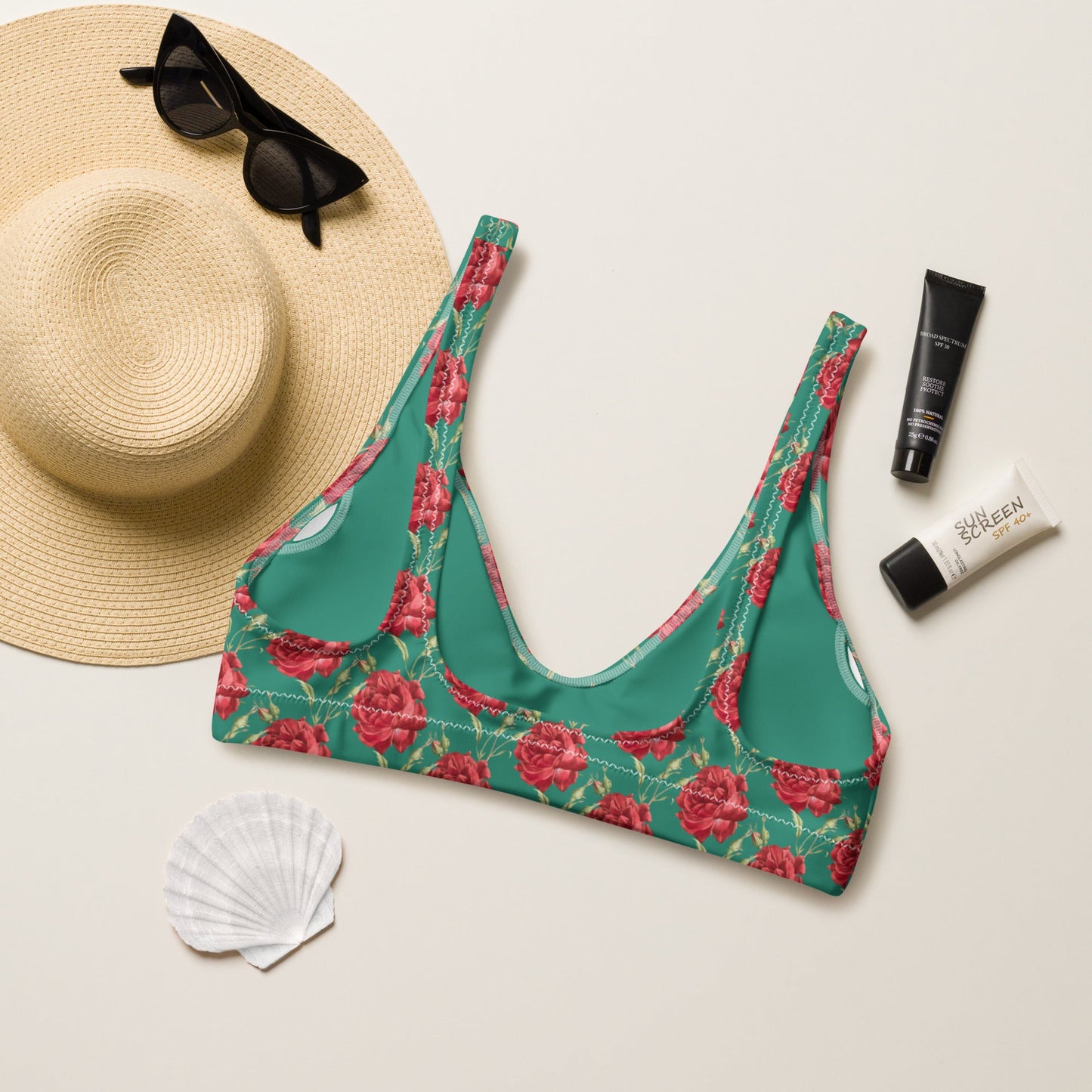Women's padded bikini top' Red Roses swimwear, classic beach dress - PratSN