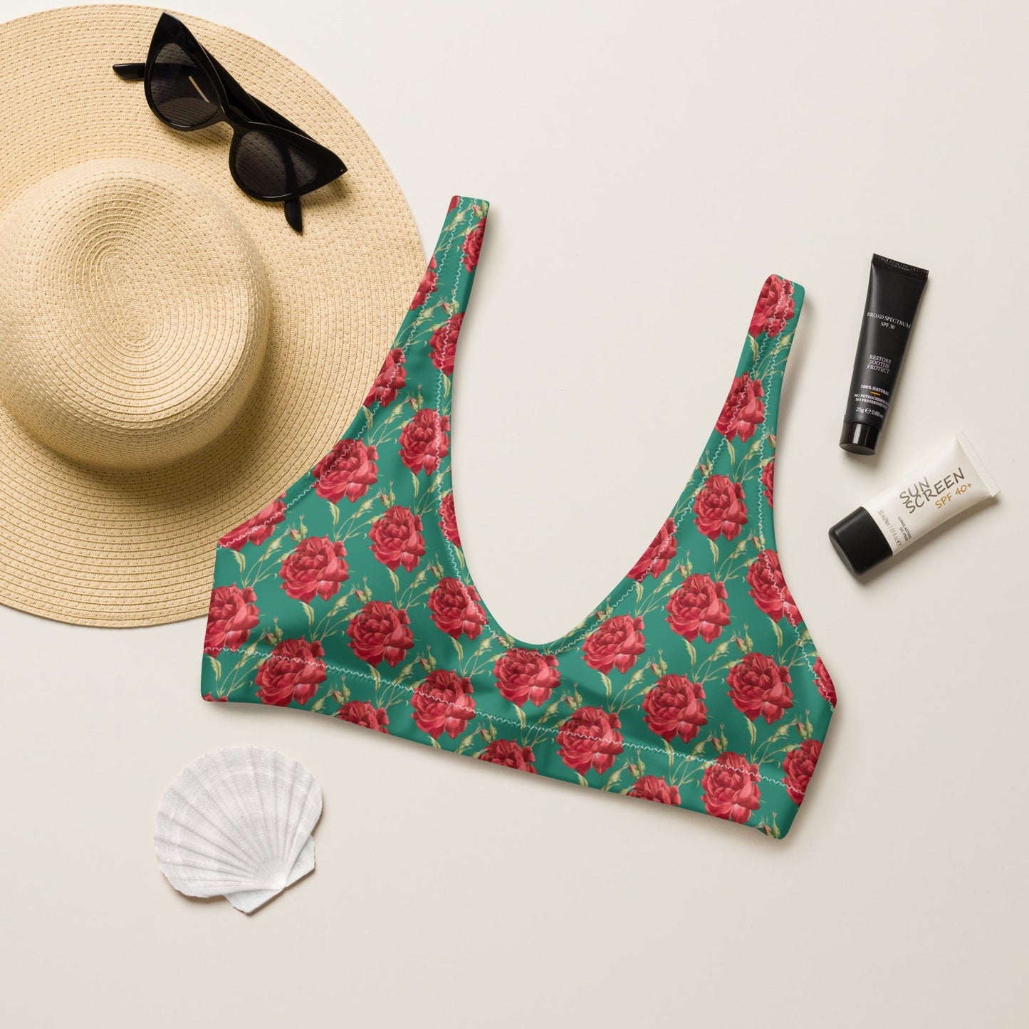Women's padded bikini top' Red Roses swimwear, classic beach dress - PratSN