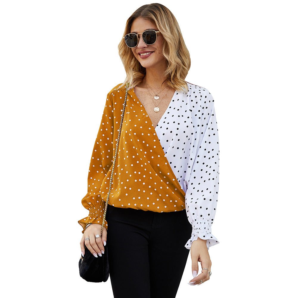 Women's Patchwork Polka Dot Long Sleeve Top Casual Shirt - PratSN