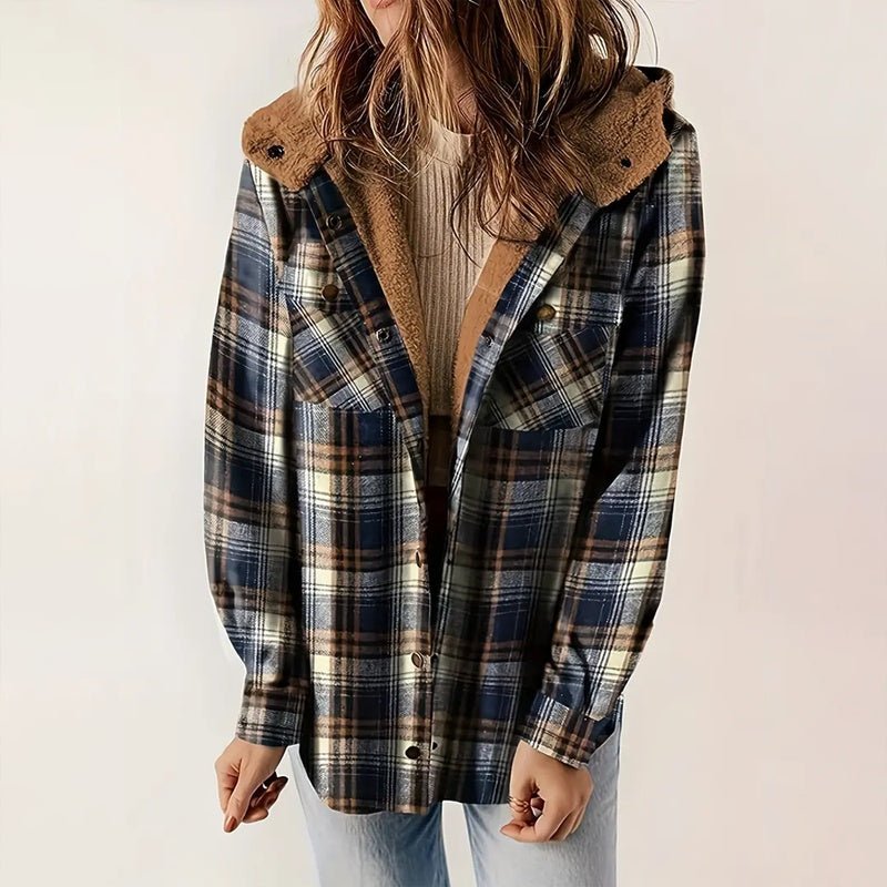 Women's Plaid Button - Up Long Sleeve Jacket Fall Winter Flap Button Pocket Design - PratSN