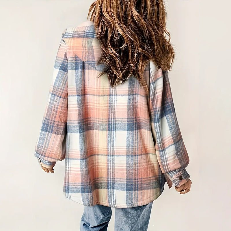 Women's Plaid Button - Up Long Sleeve Jacket Fall Winter Flap Button Pocket Design - PratSN